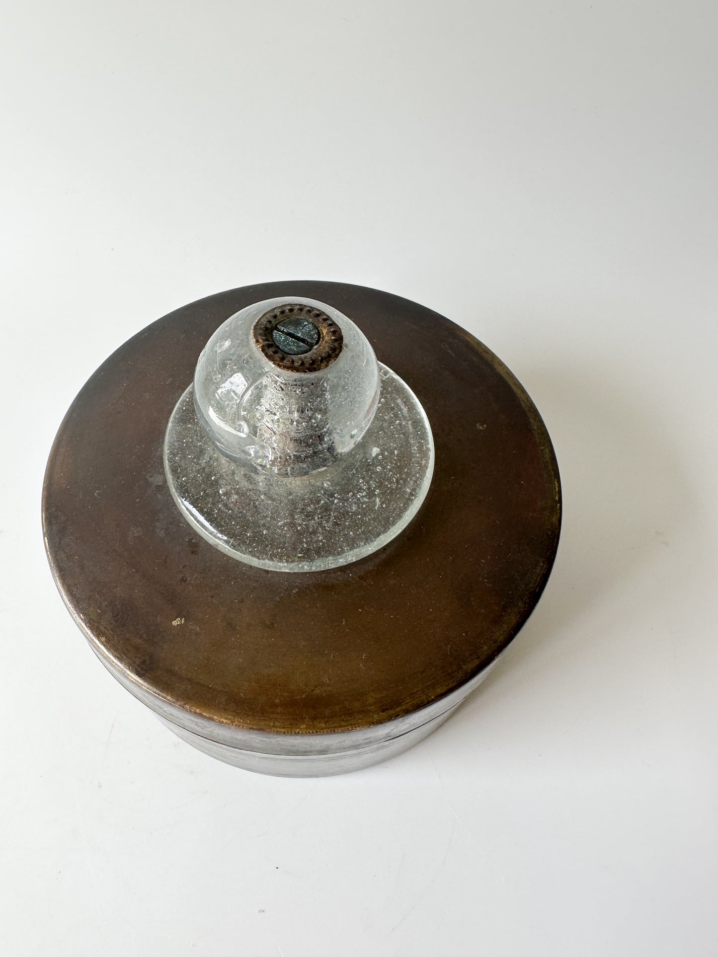 Round Metal Box with Handblown Clear Glass Knob on Lid