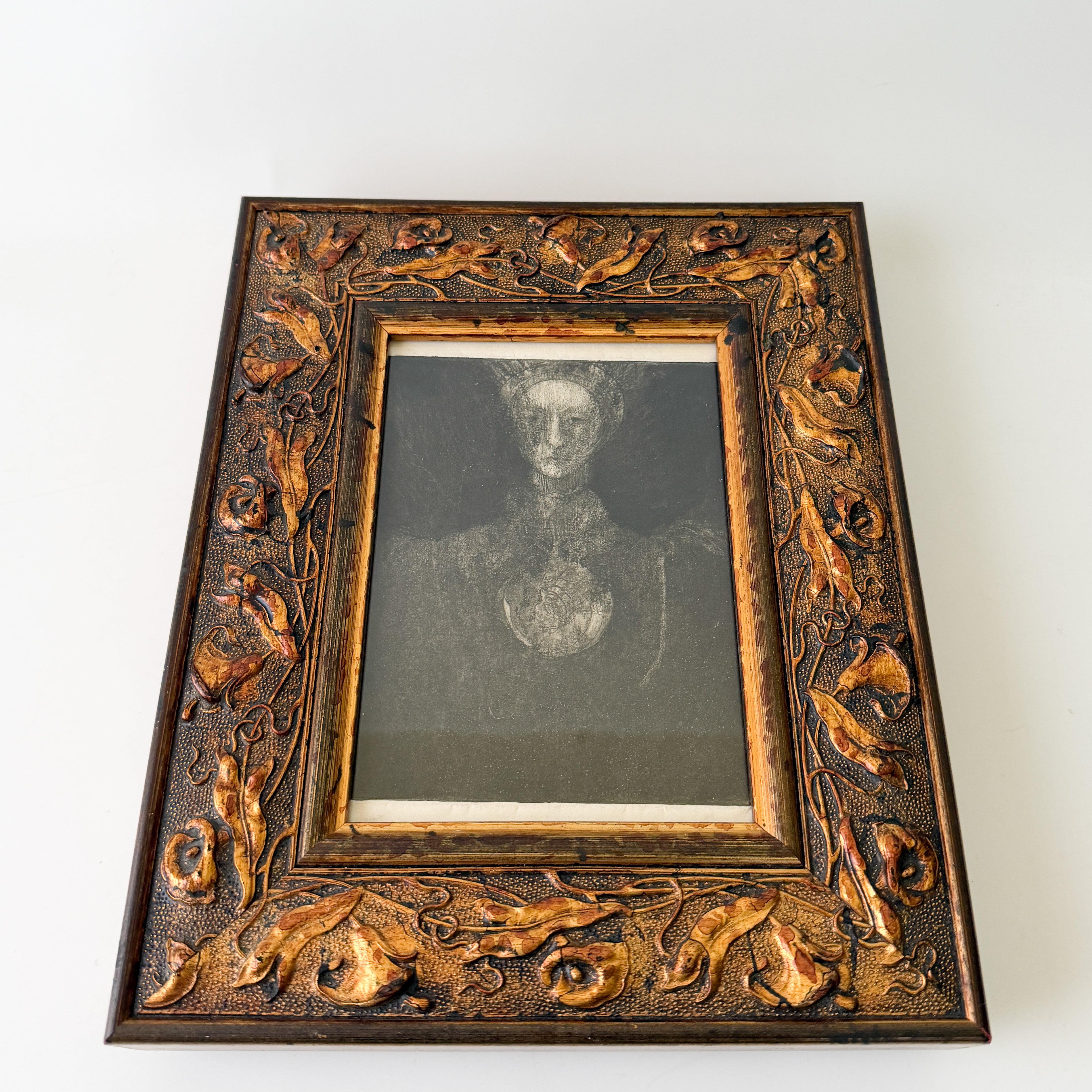 Framed Vintage Etching of Woman with Large Medallion