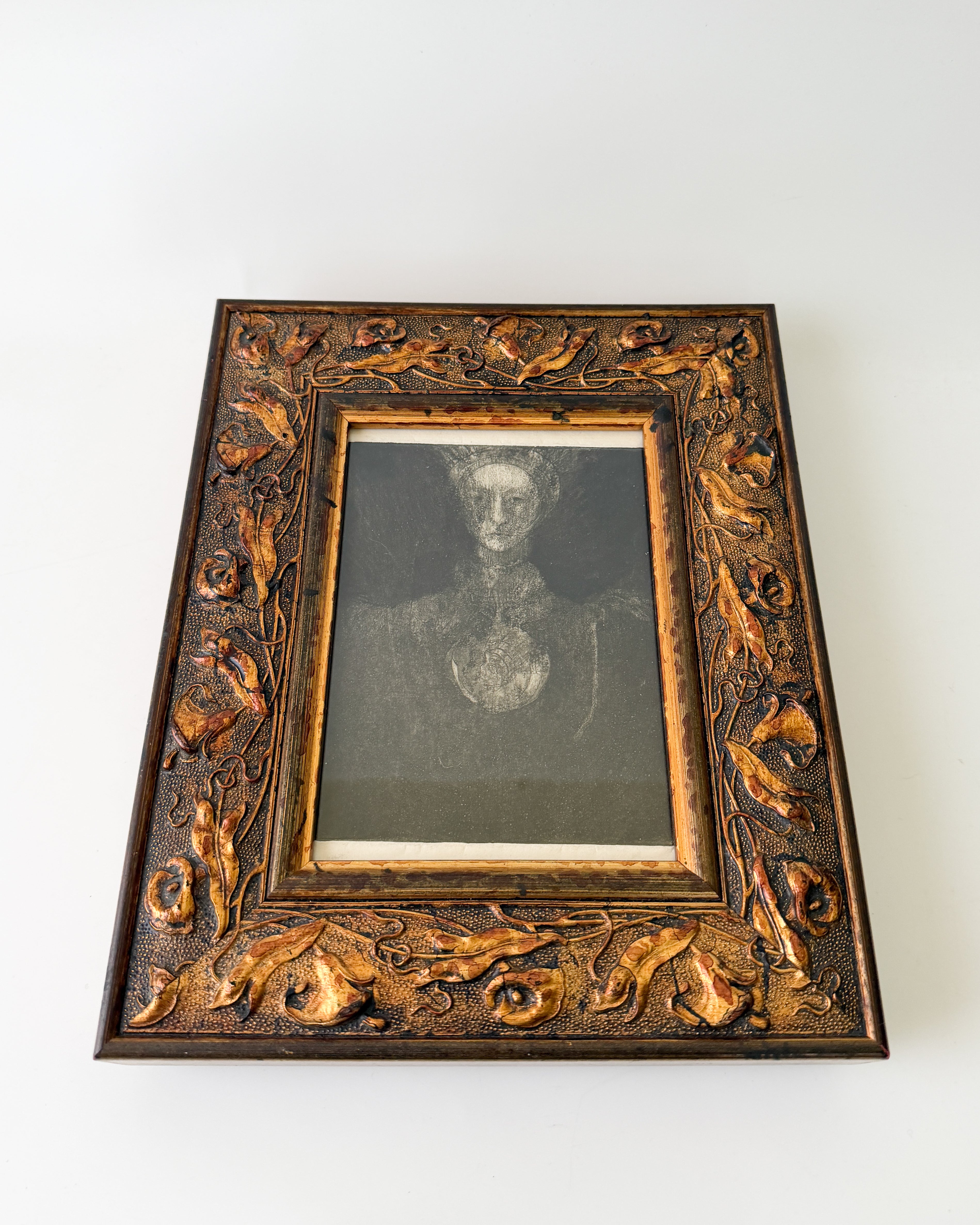 Framed Vintage Etching of Woman with Large Medallion