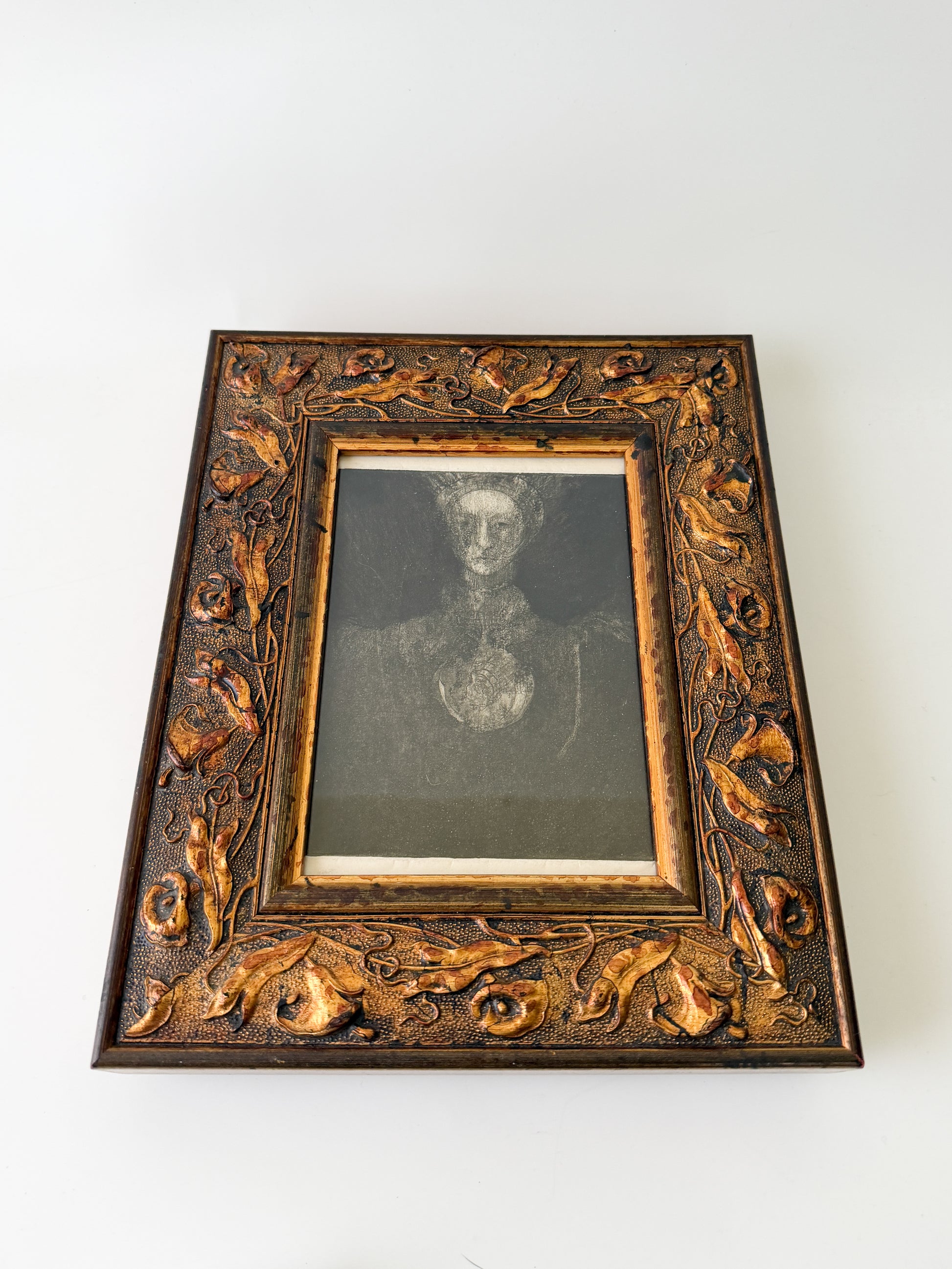Framed Vintage Etching of Woman with Large Medallion