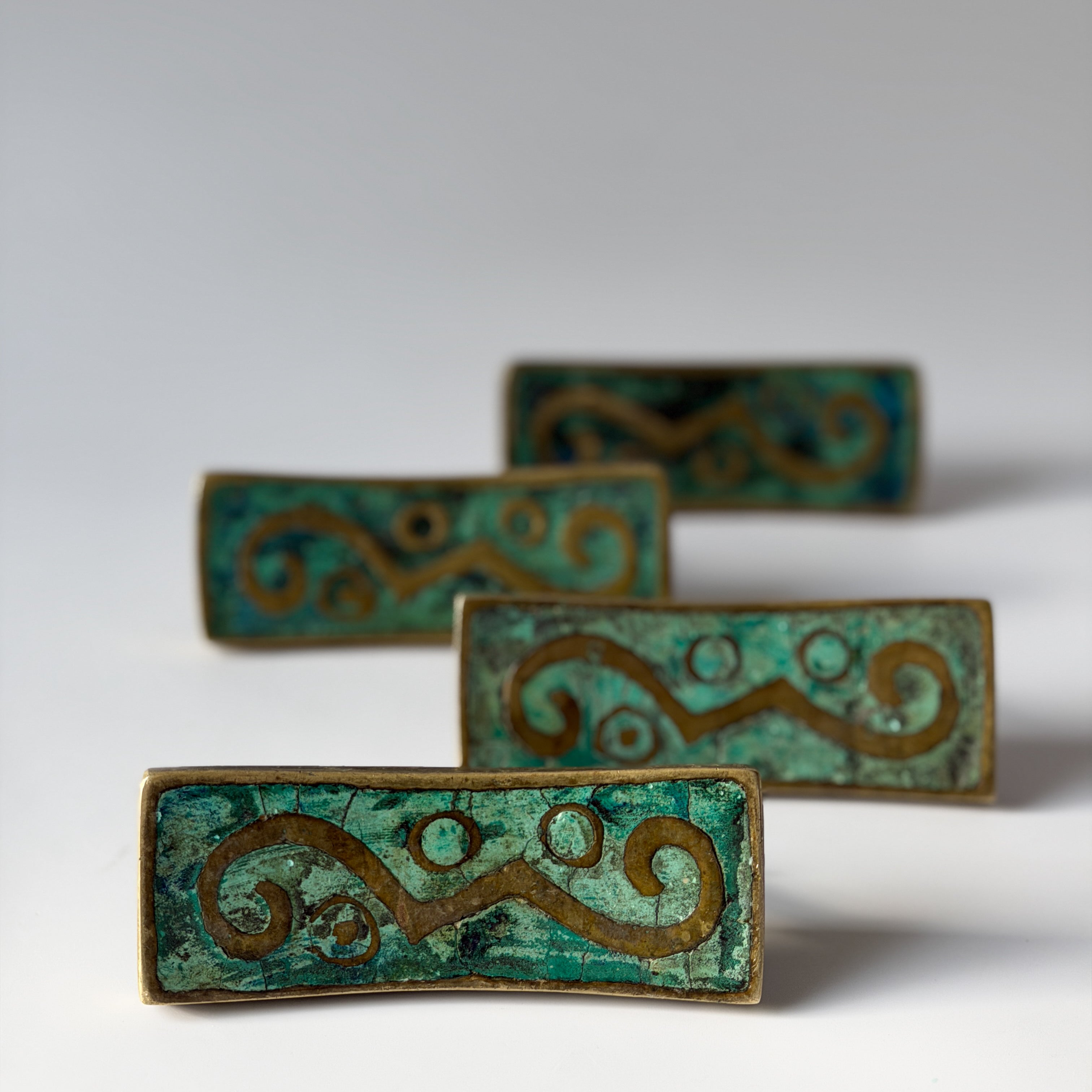 Set of Four Vintage MCM Pepe Mendoza Solid Brass and Ceramic Inlay Drawer Pulls