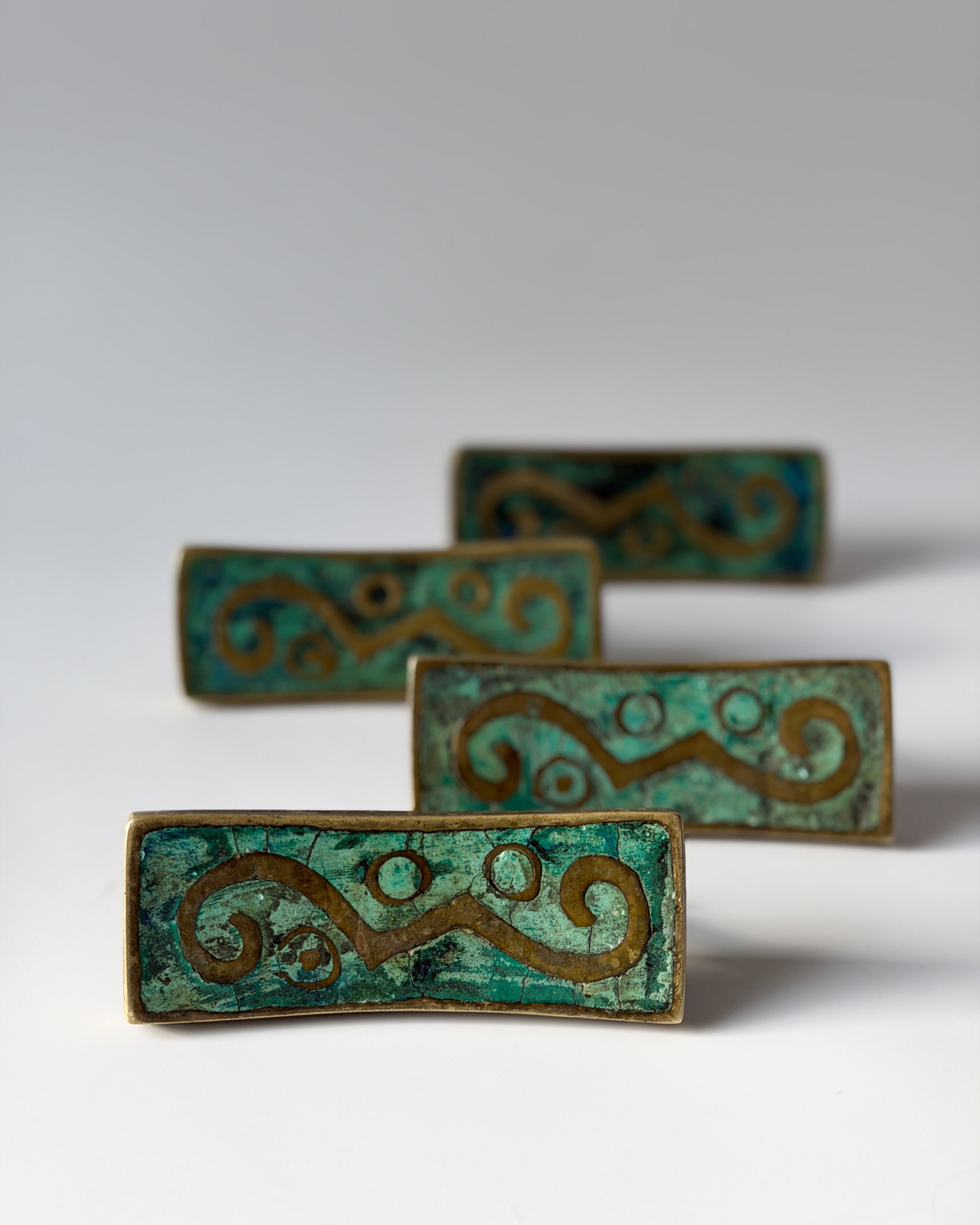 Set of Four Vintage MCM Pepe Mendoza Solid Brass and Ceramic Inlay Drawer Pulls