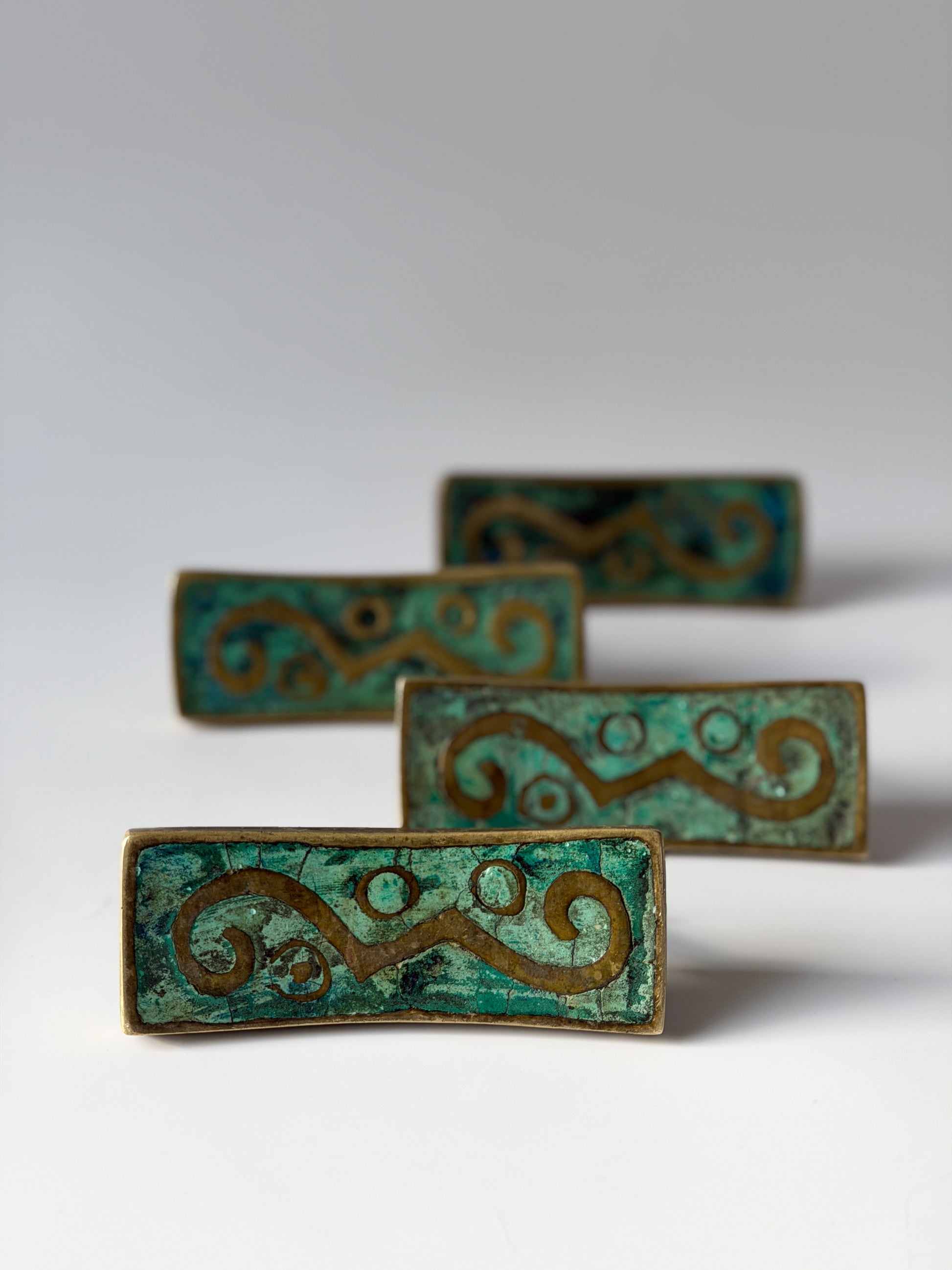 Set of Four Vintage MCM Pepe Mendoza Solid Brass and Ceramic Inlay Drawer Pulls