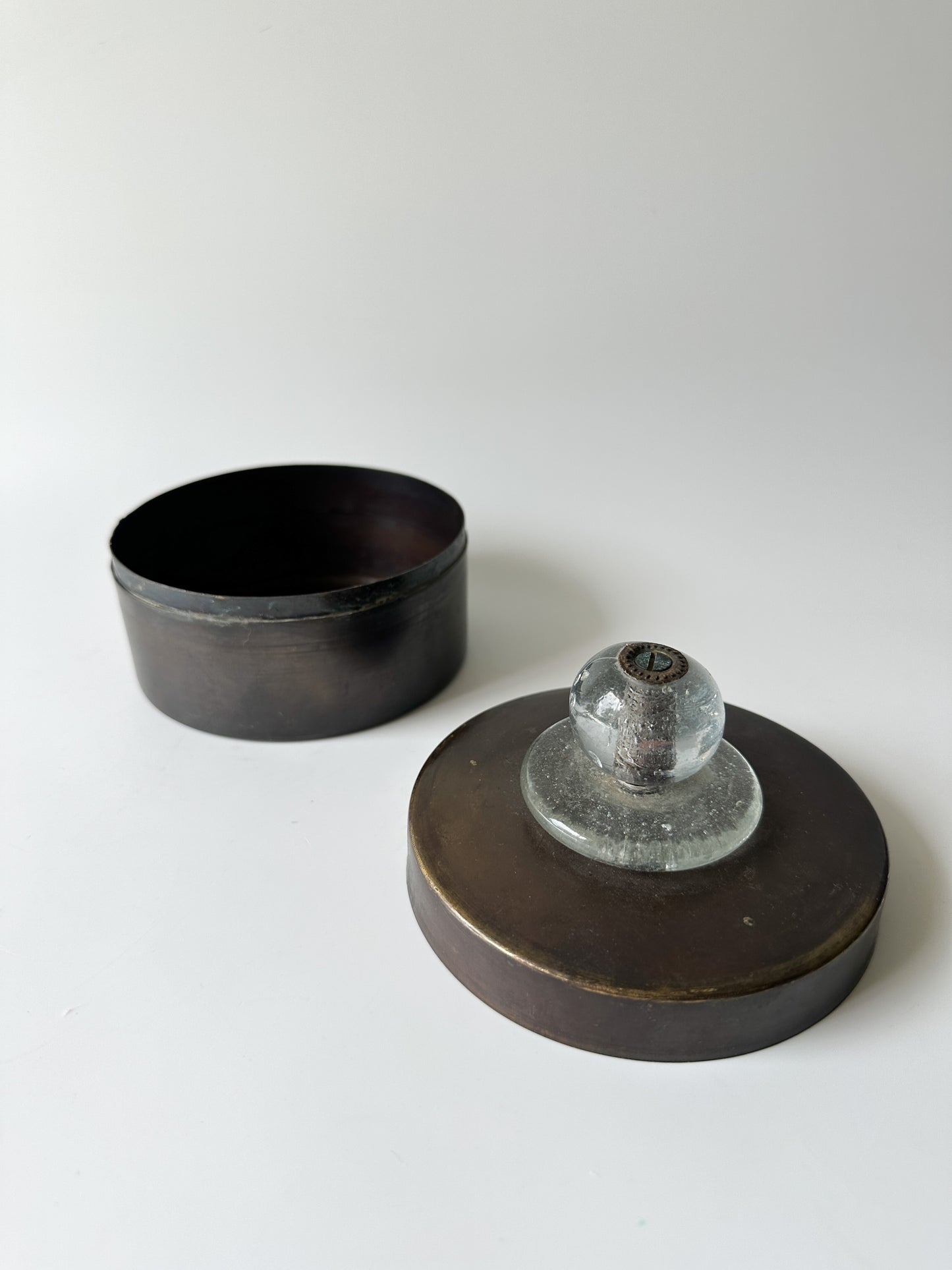 Round Metal Box with Handblown Clear Glass Knob on Lid