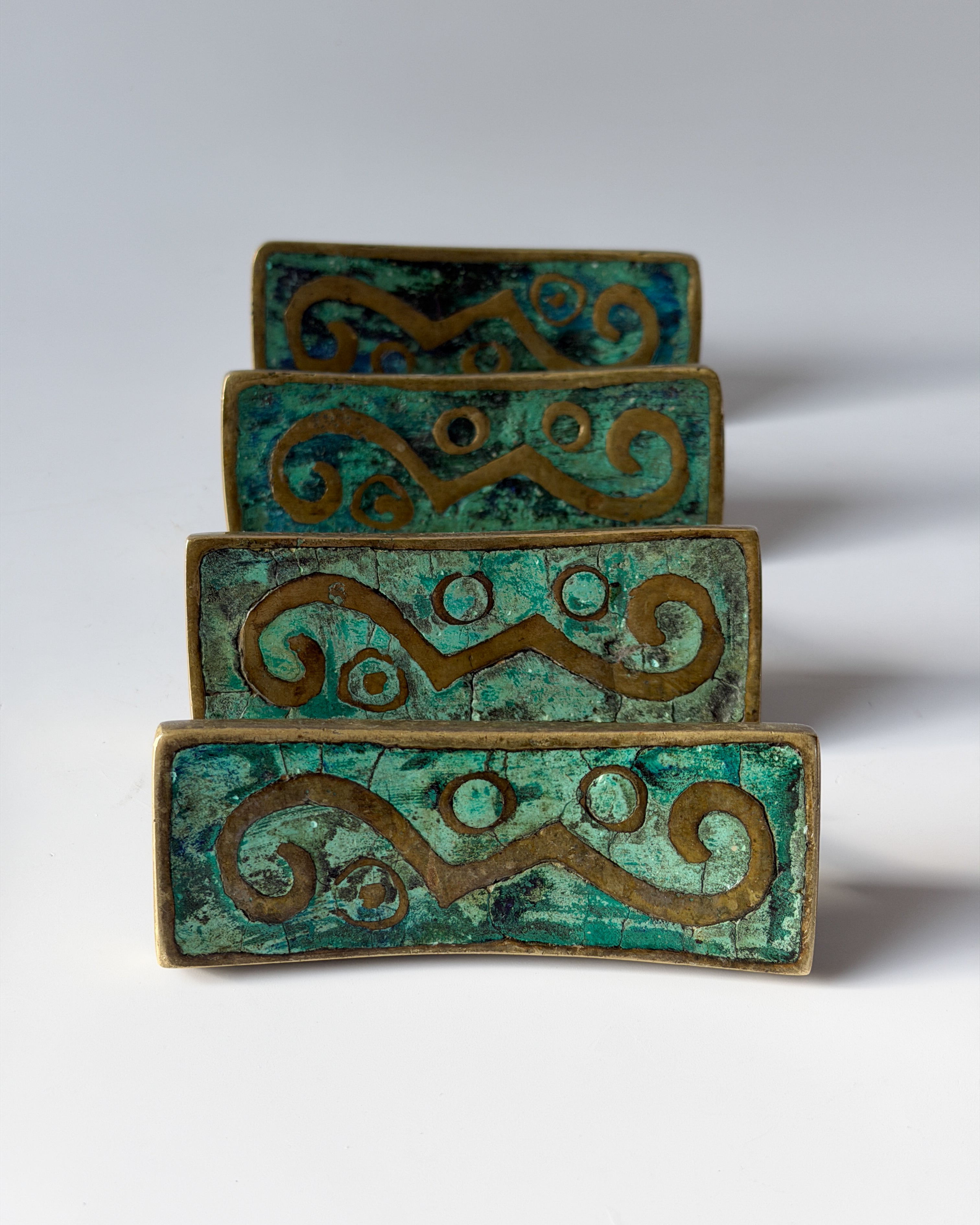 Set of Four Vintage MCM Pepe Mendoza Solid Brass and Ceramic Inlay Drawer Pulls