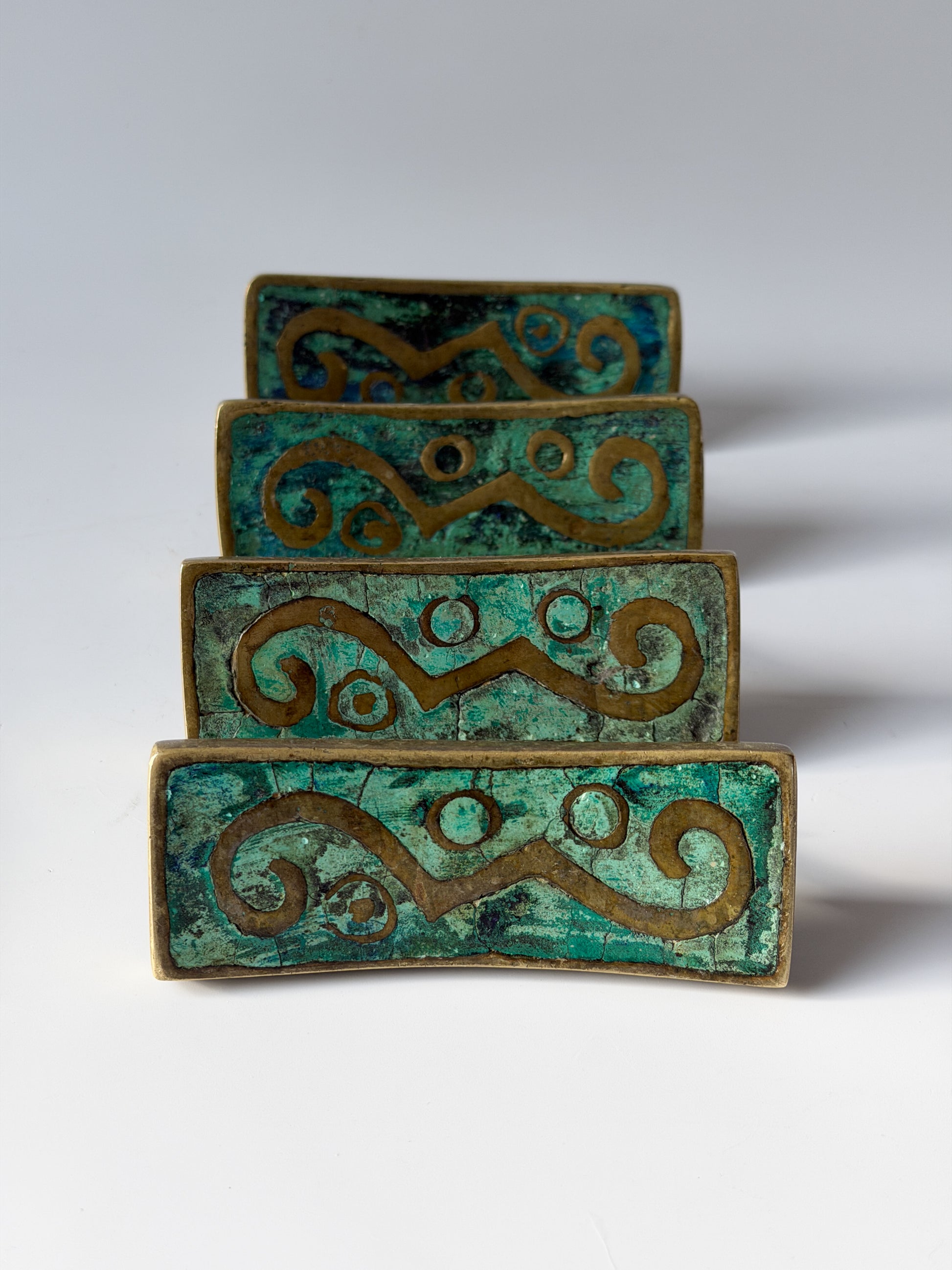 Set of Four Vintage MCM Pepe Mendoza Solid Brass and Ceramic Inlay Drawer Pulls