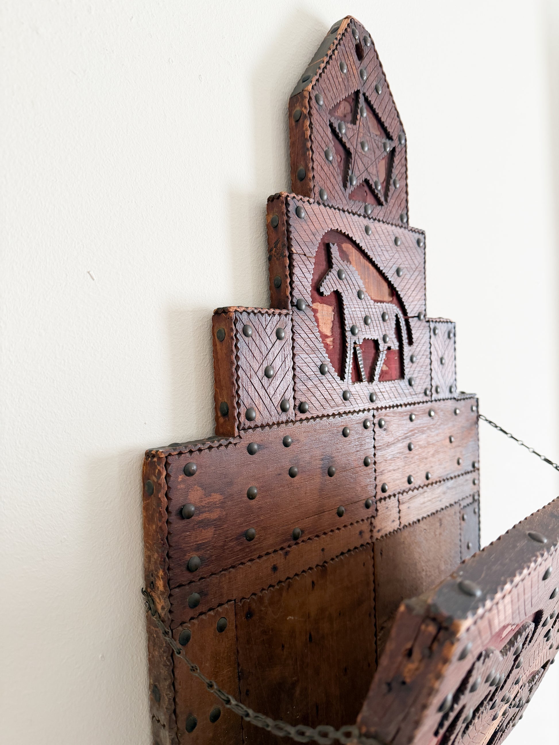 Vintage Folk Art Carved Wood Magazine Rack with Horses