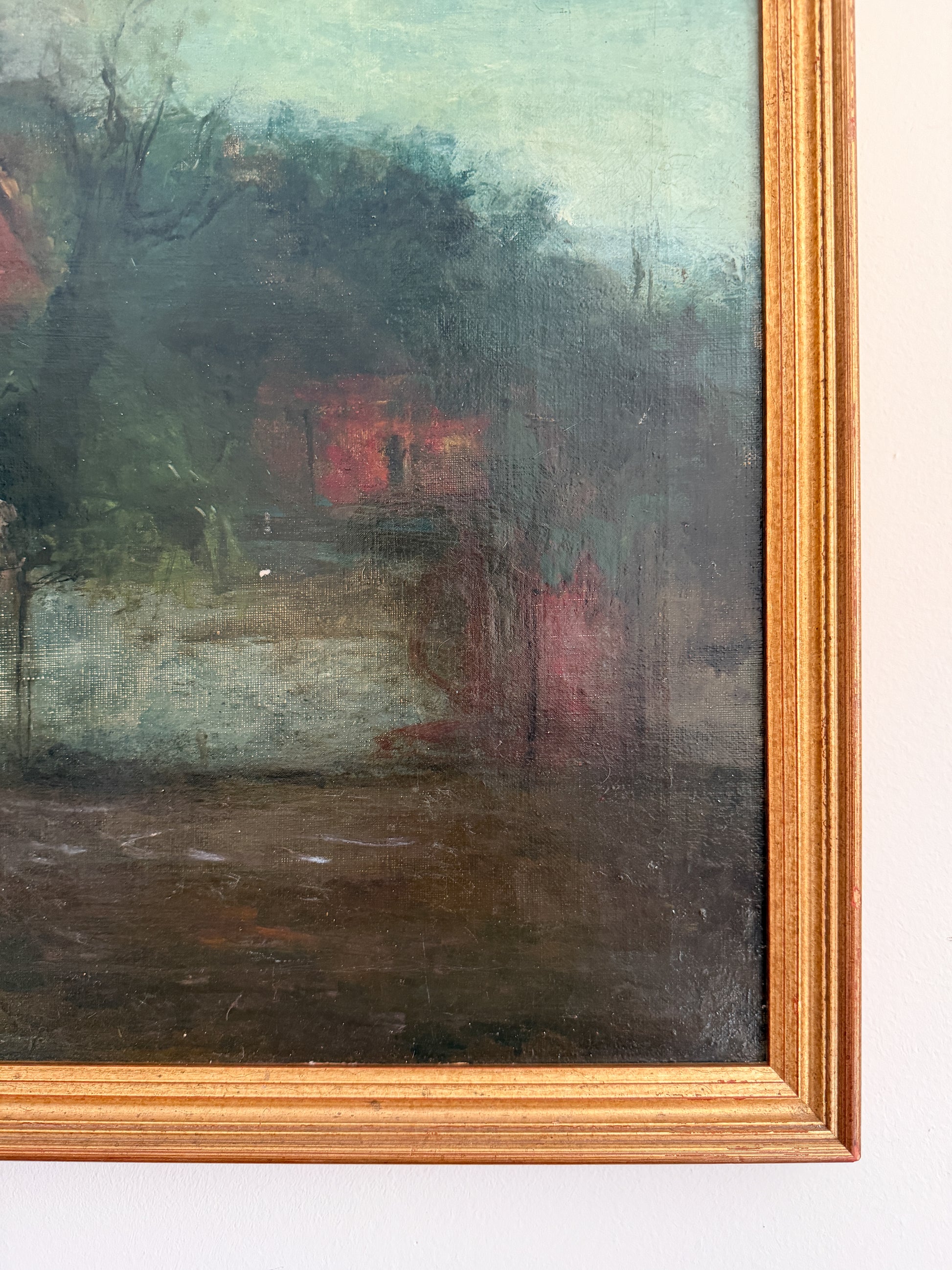 Oil Painting - Louis Mazet (French 20th Century), Houses Along a Road, 26"W x 20"H