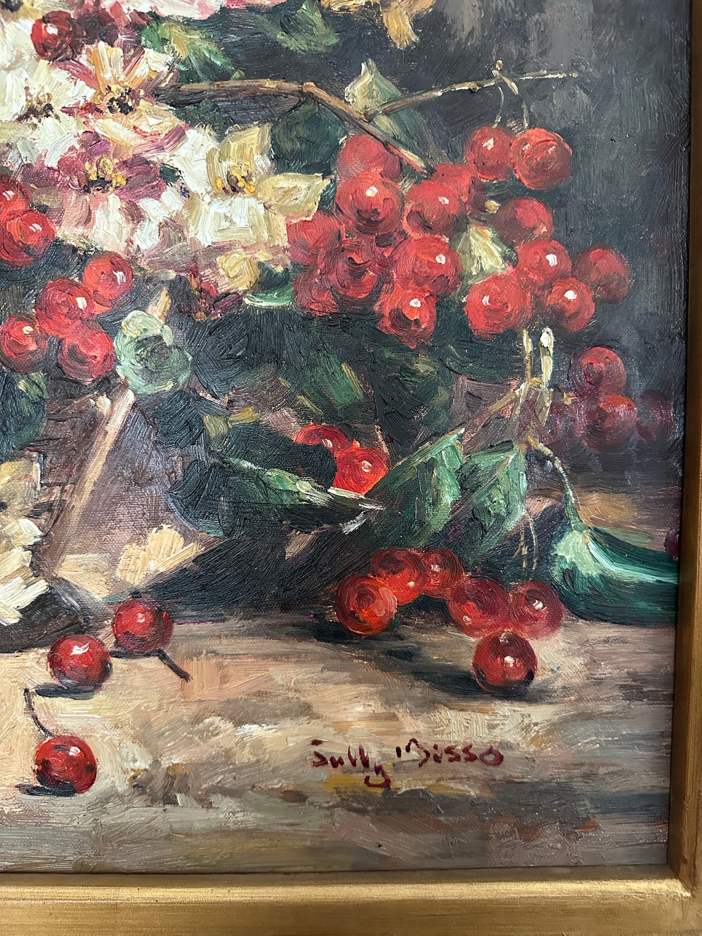 Oil Painting Still Life Basket of Flowers and Berries by Sully Bisso