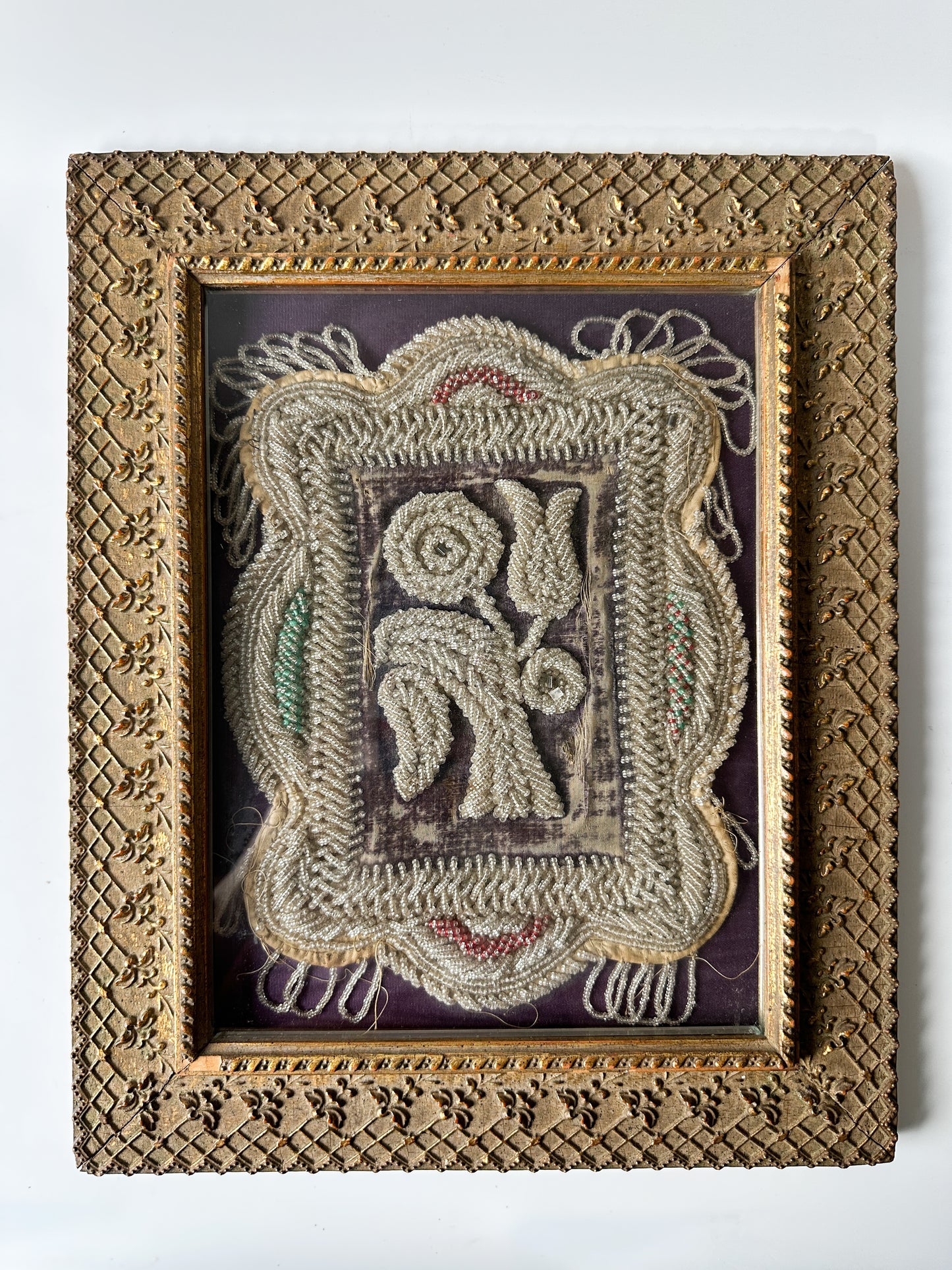 Antique Iroquois Hand Beaded Floral Textile Framed