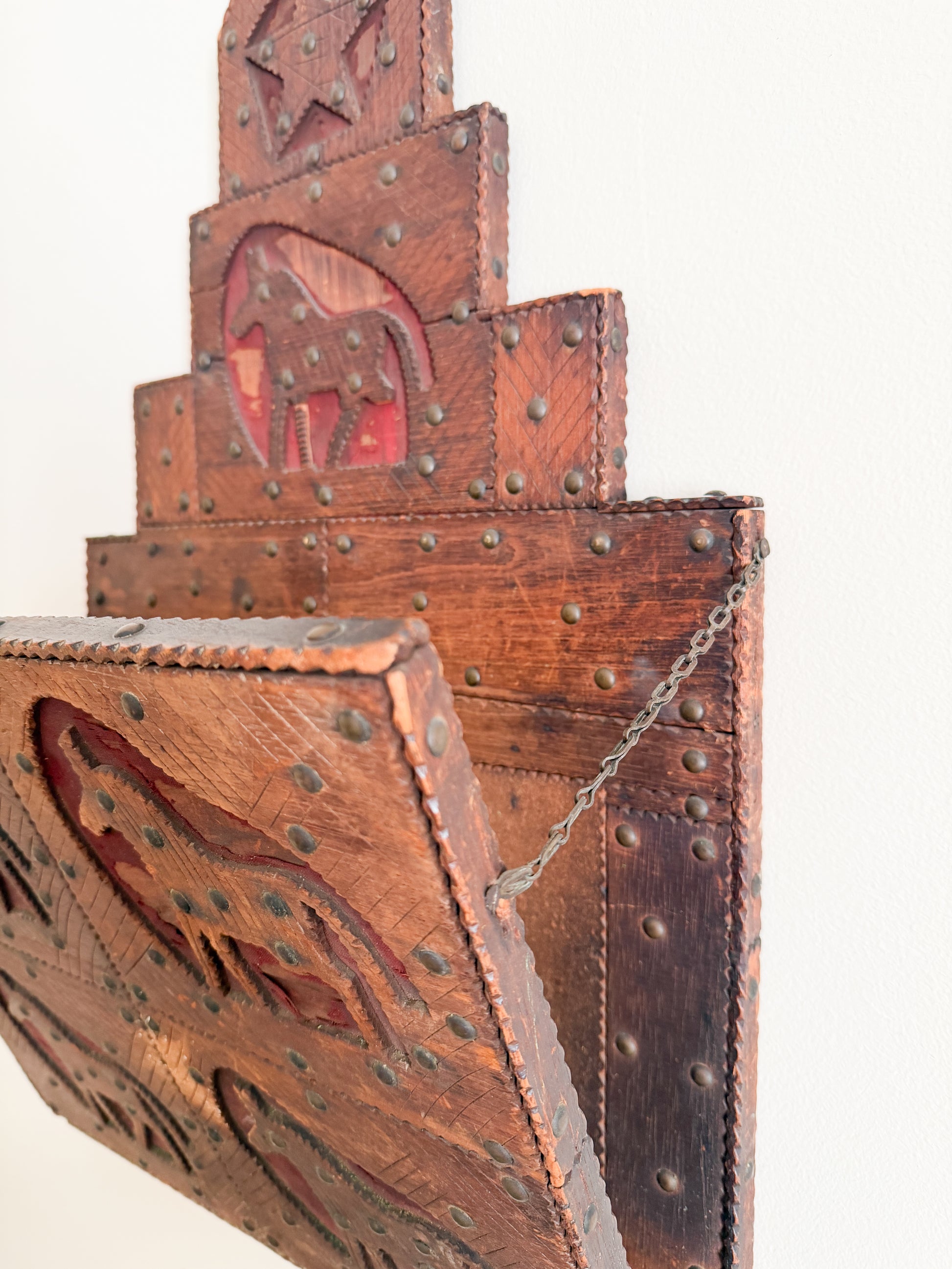 Vintage Folk Art Carved Wood Magazine Rack with Horses