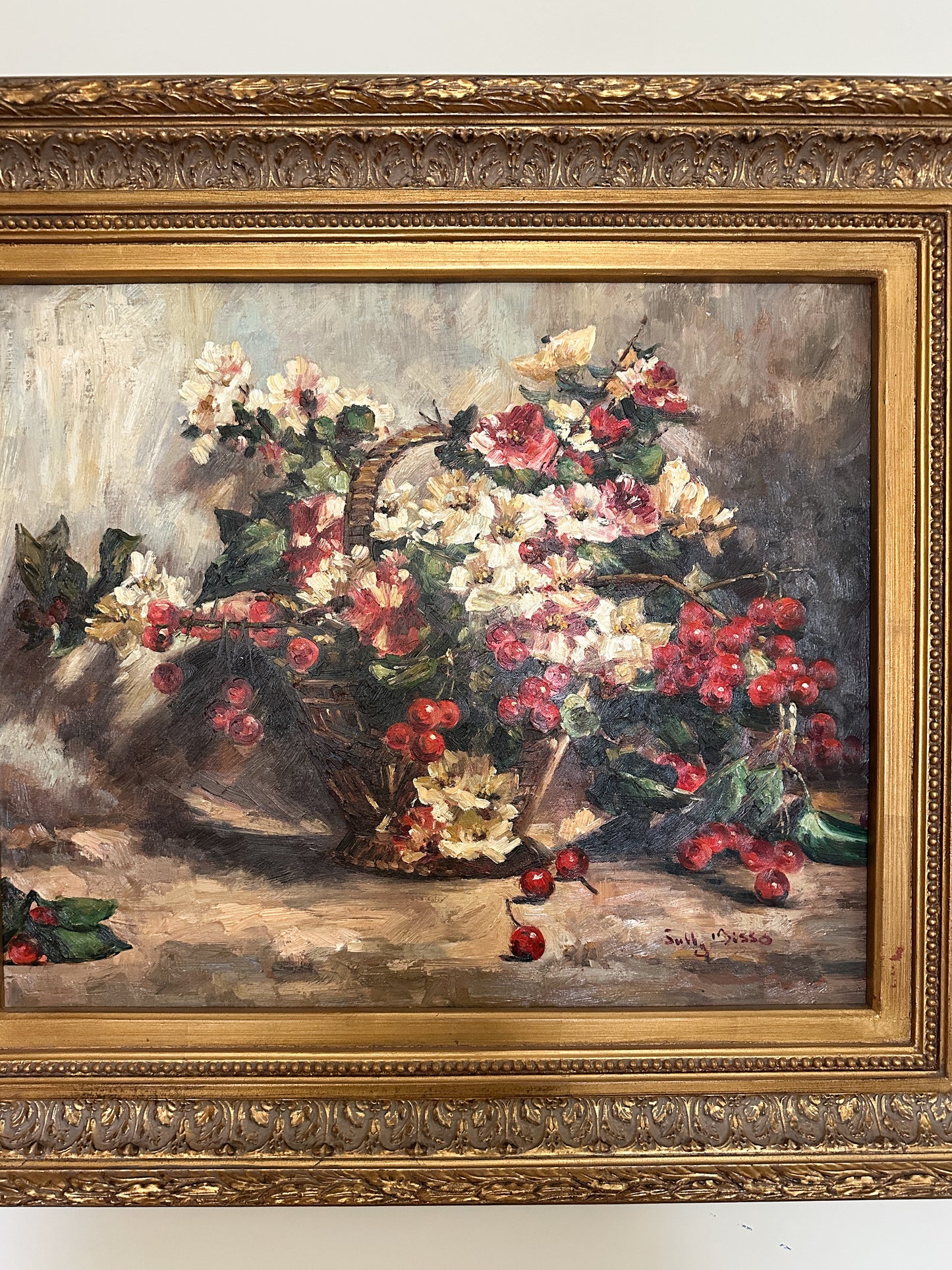 Oil Painting Still Life Basket of Flowers and Berries by Sully Bisso