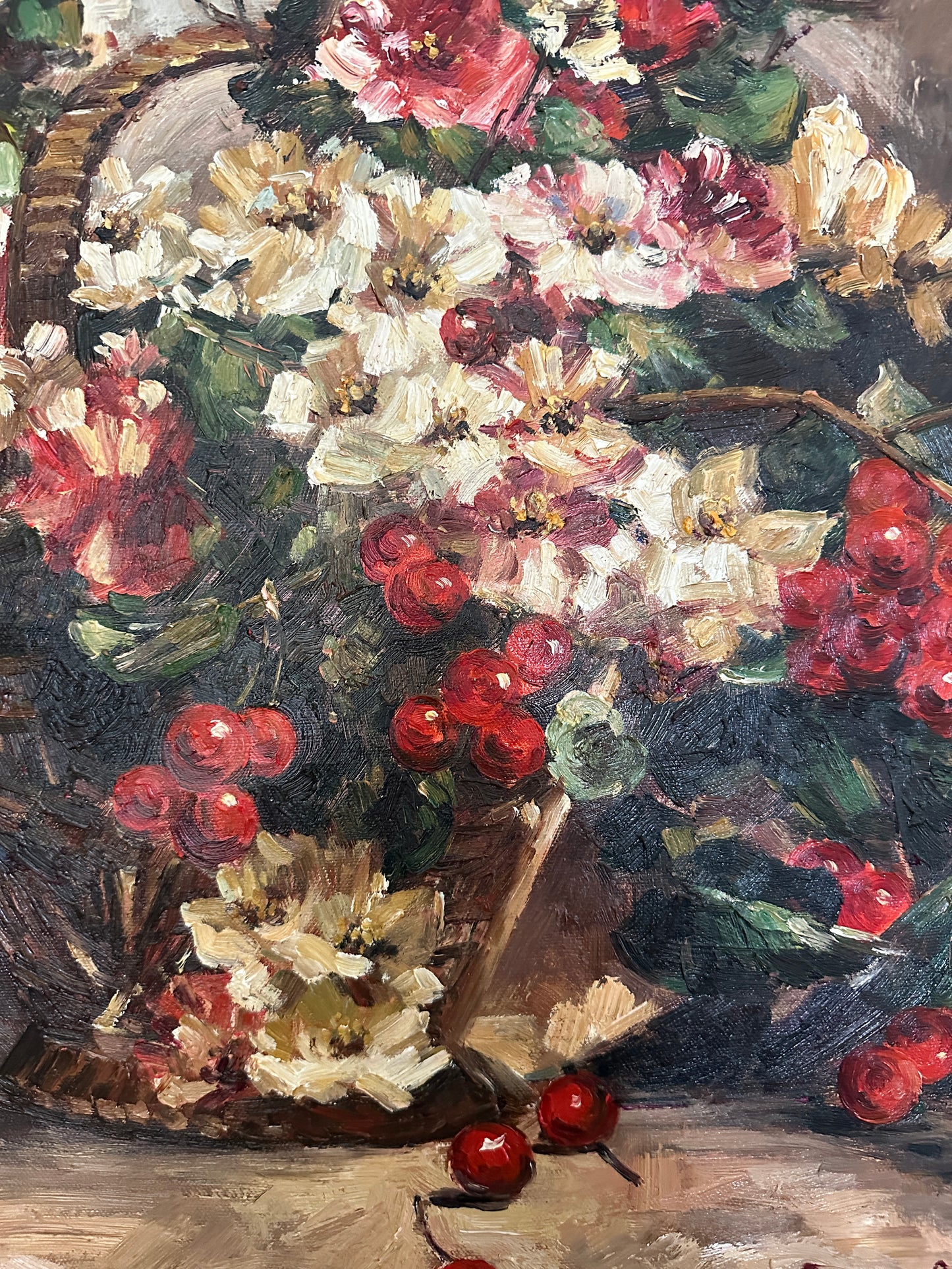 Oil Painting Still Life Basket of Flowers and Berries by Sully Bisso