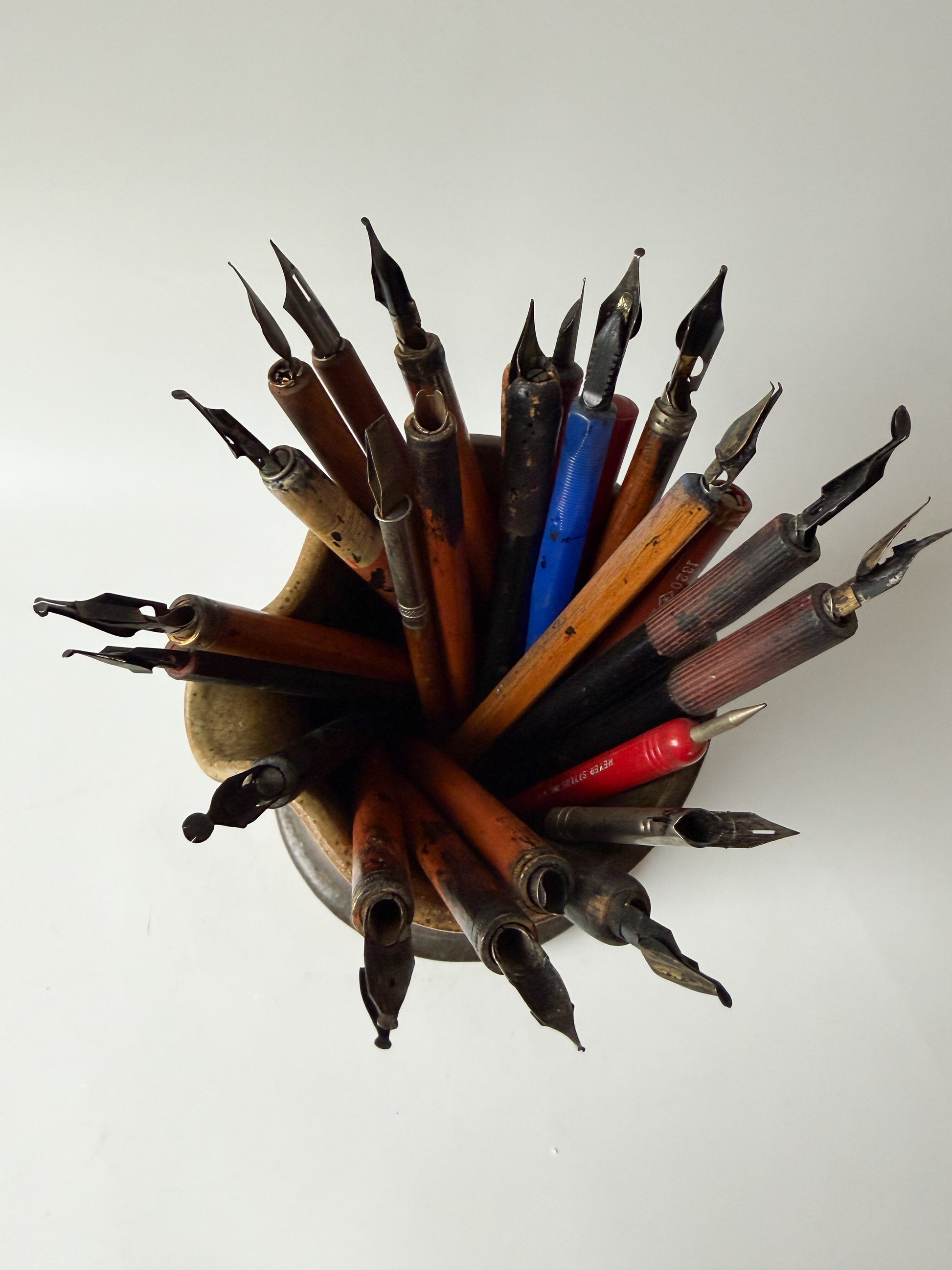 Artist's Vintage Ink Pens in Pottery Pitcher