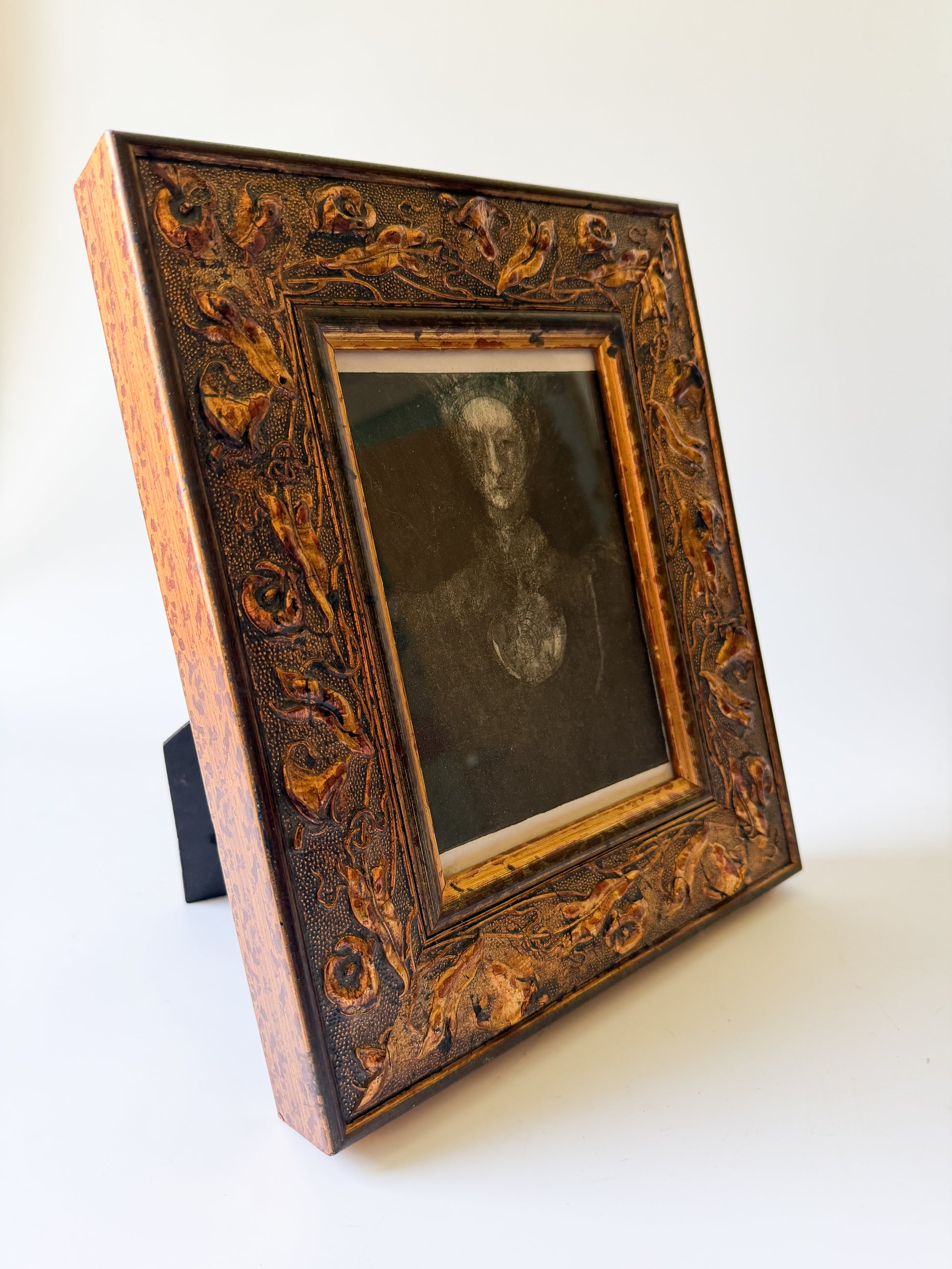 Framed Vintage Etching of Woman with Large Medallion