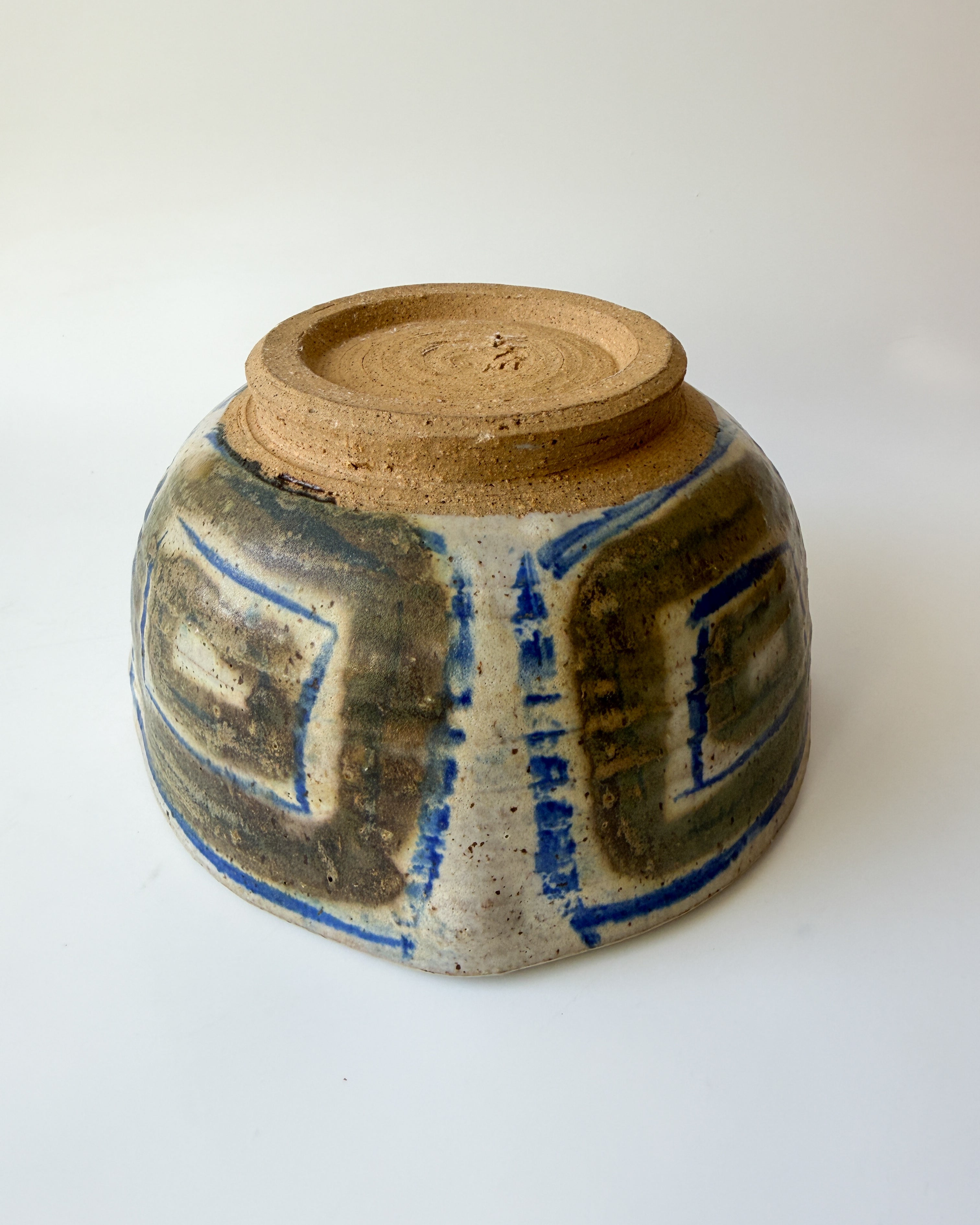 Handmade Pottery Bowl with Blue and Brown Abstract Design