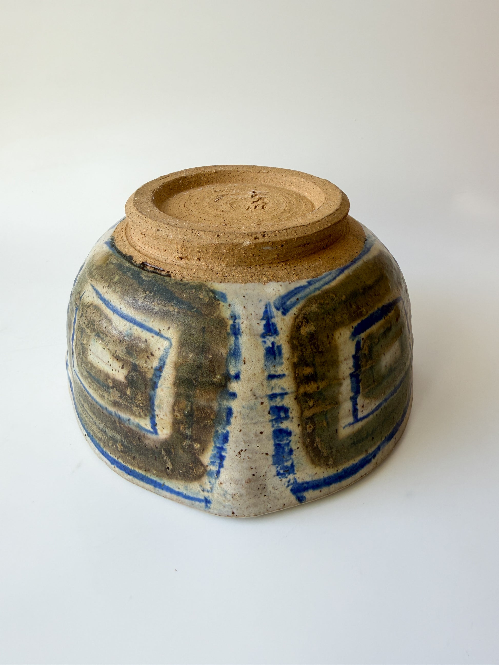 Handmade Pottery Bowl with Blue and Brown Abstract Design