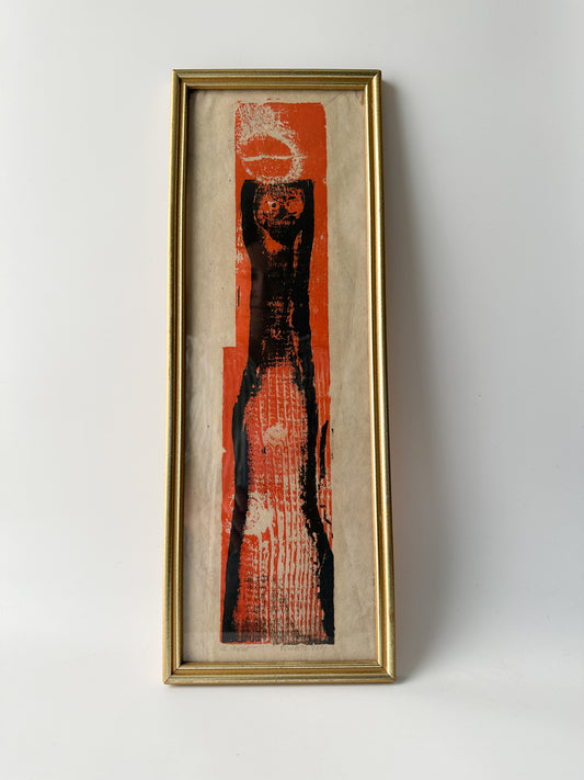 Orange and Black Framed Vintage Linocut by Elizabeth Eddy