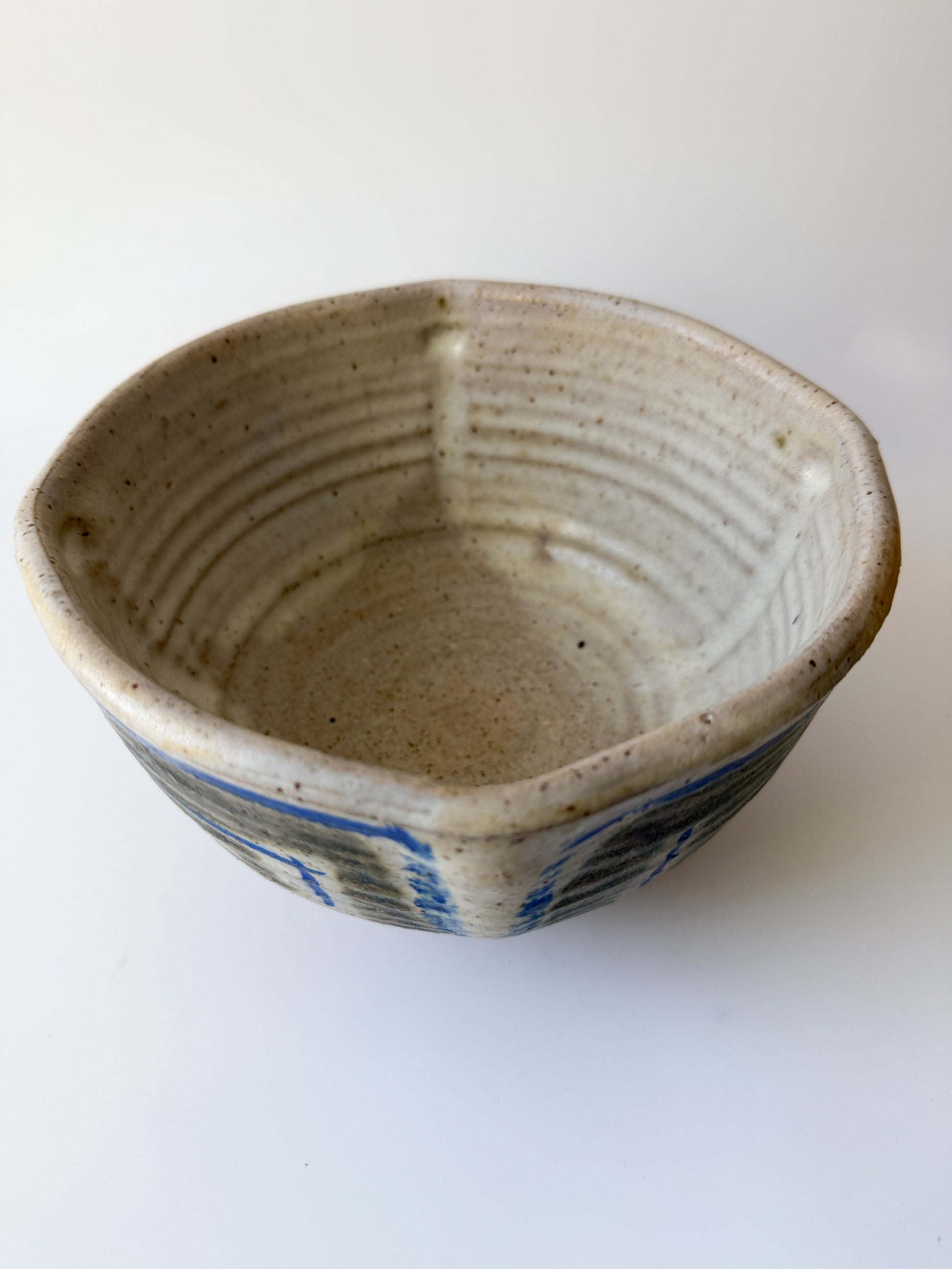 Handmade Pottery Bowl with Blue and Brown Abstract Design