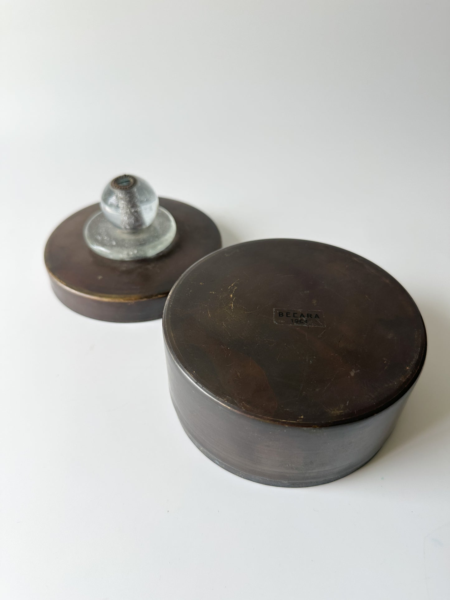 Round Metal Box with Handblown Clear Glass Knob on Lid