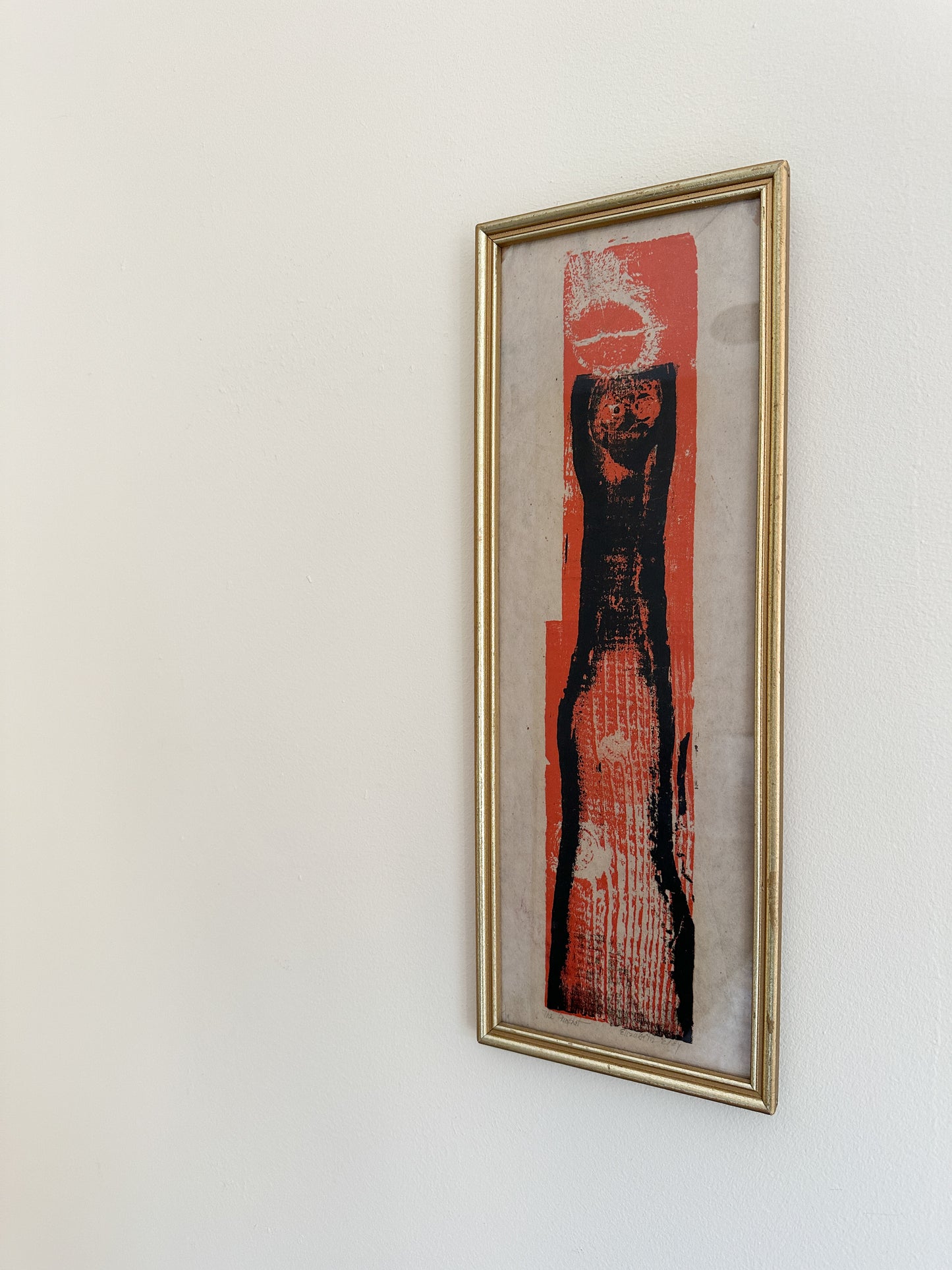 Orange and Black Framed Vintage Linocut by Elizabeth Eddy