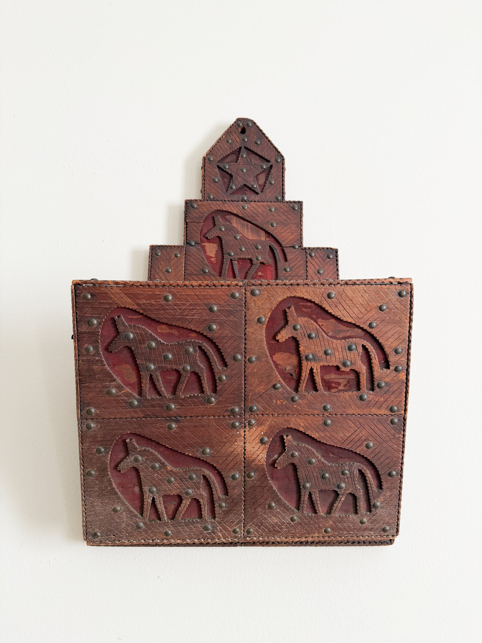 Vintage Folk Art Carved Wood Magazine Rack with Horses