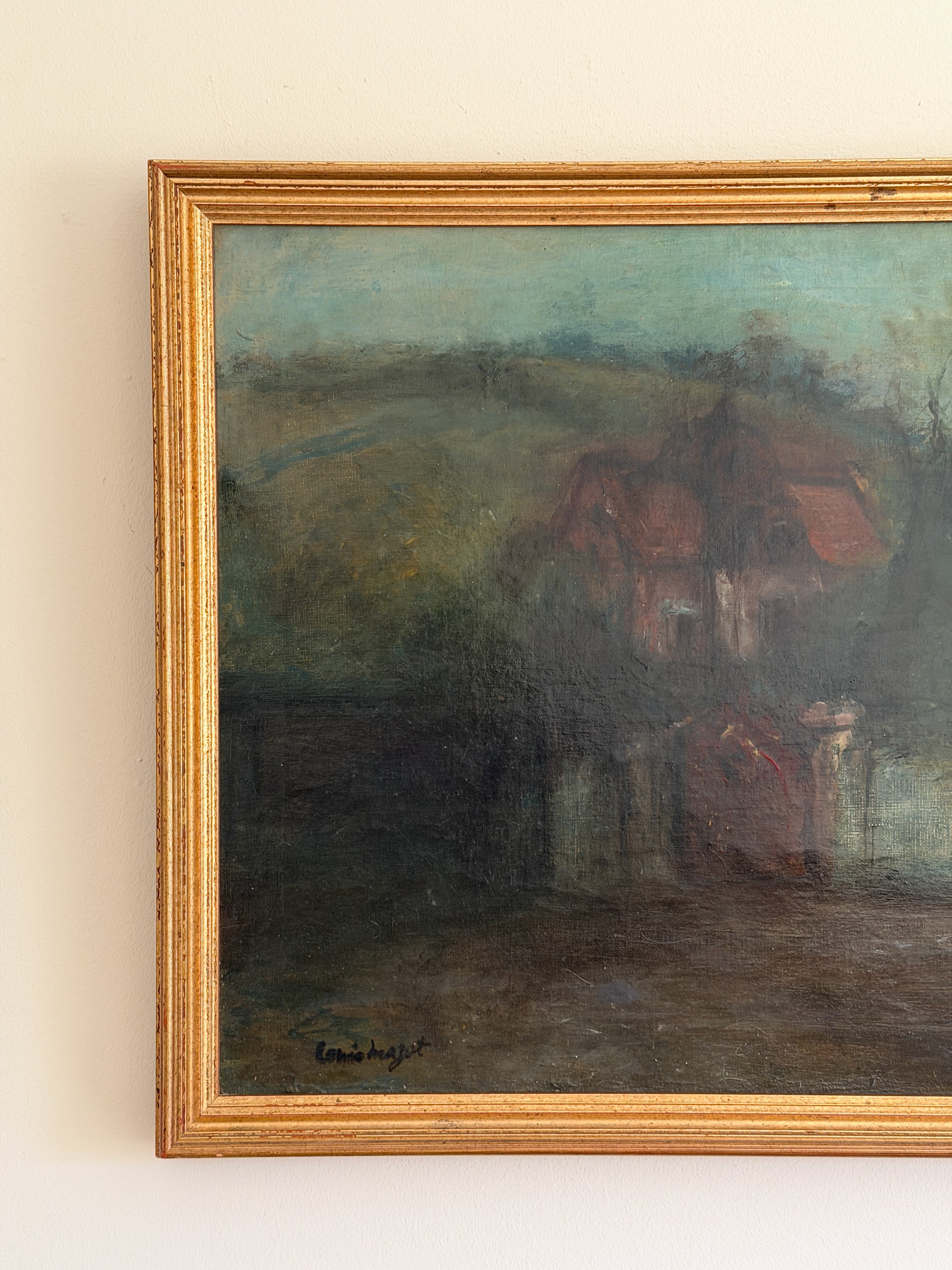 Oil Painting - Louis Mazet (French 20th Century), Houses Along a Road, 26"W x 20"H