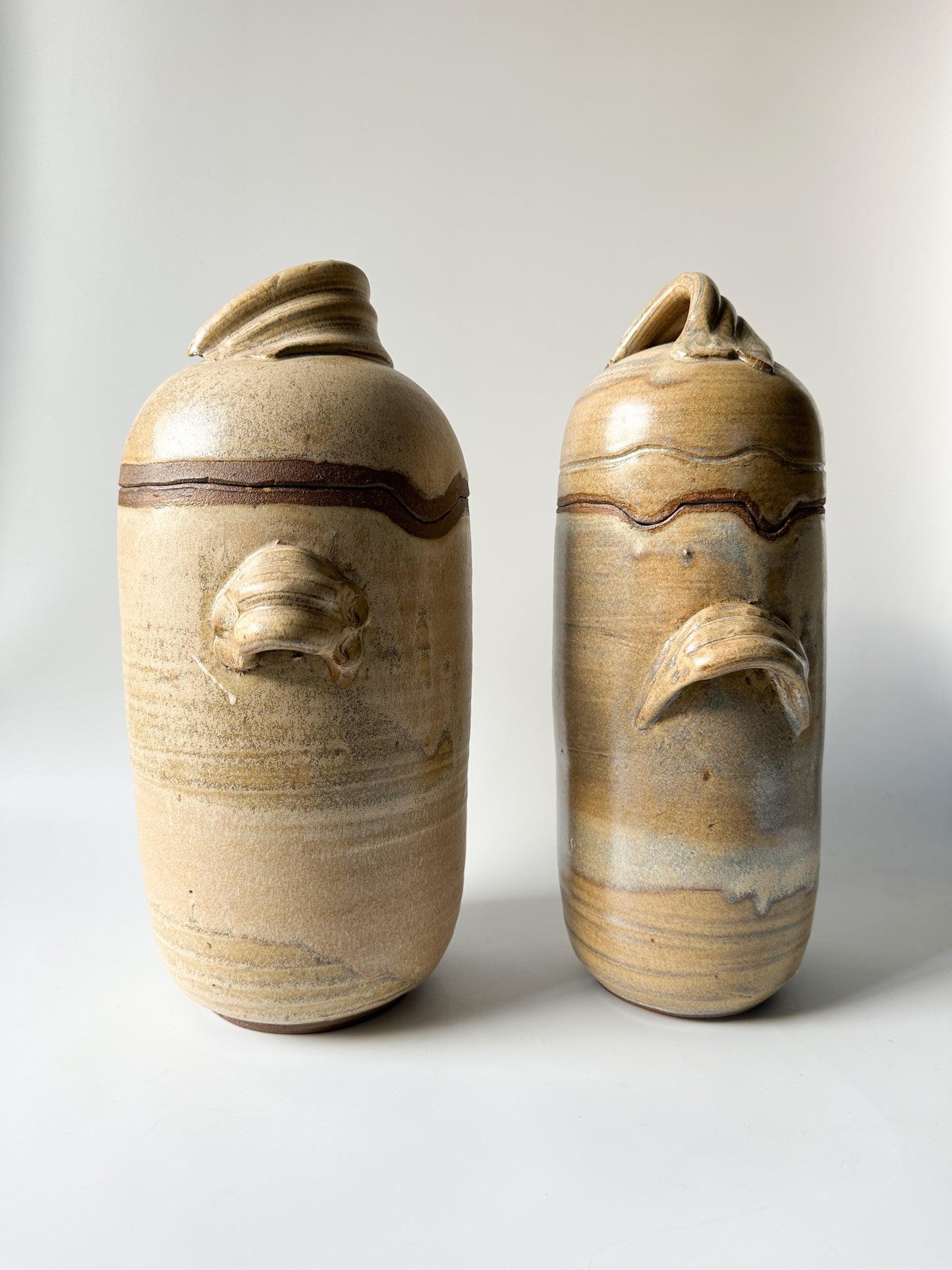 Vintage Set of Two Tall Handmade Stoneware Containers - Signed