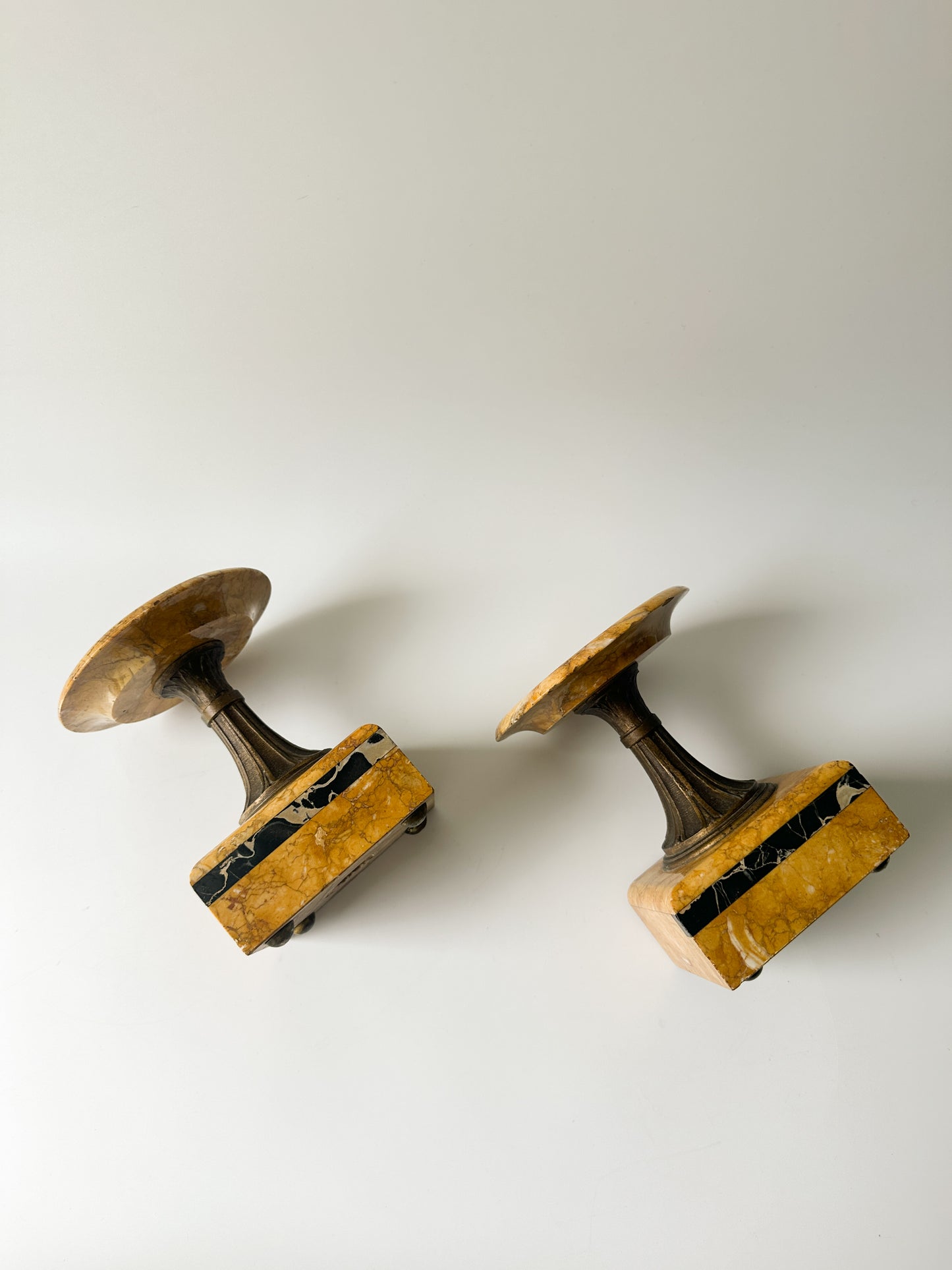 French Art Deco Mantle Clock Yellow and Black Marble Candle Holders (Pair)