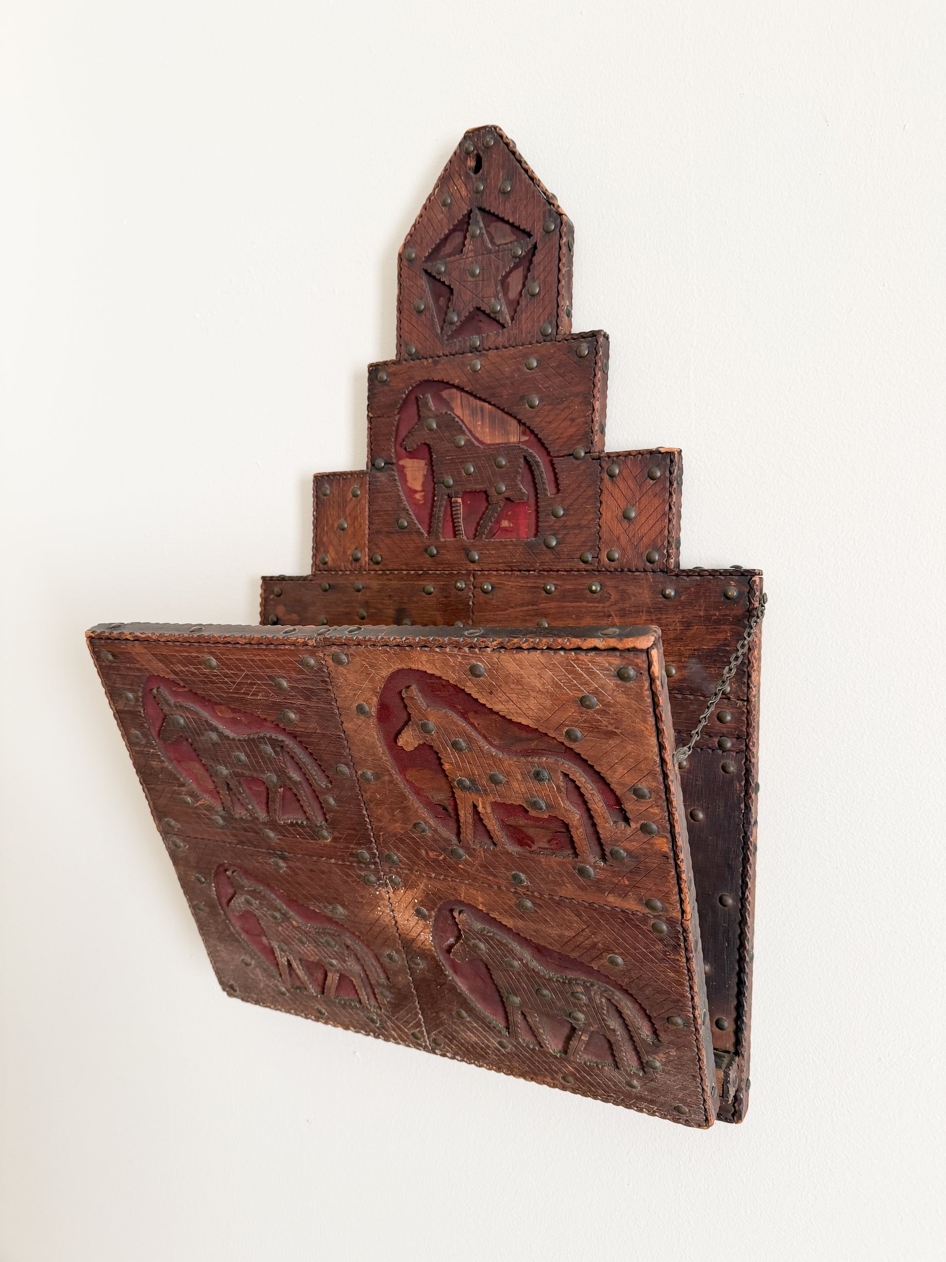 Vintage Folk Art Carved Wood Magazine Rack with Horses