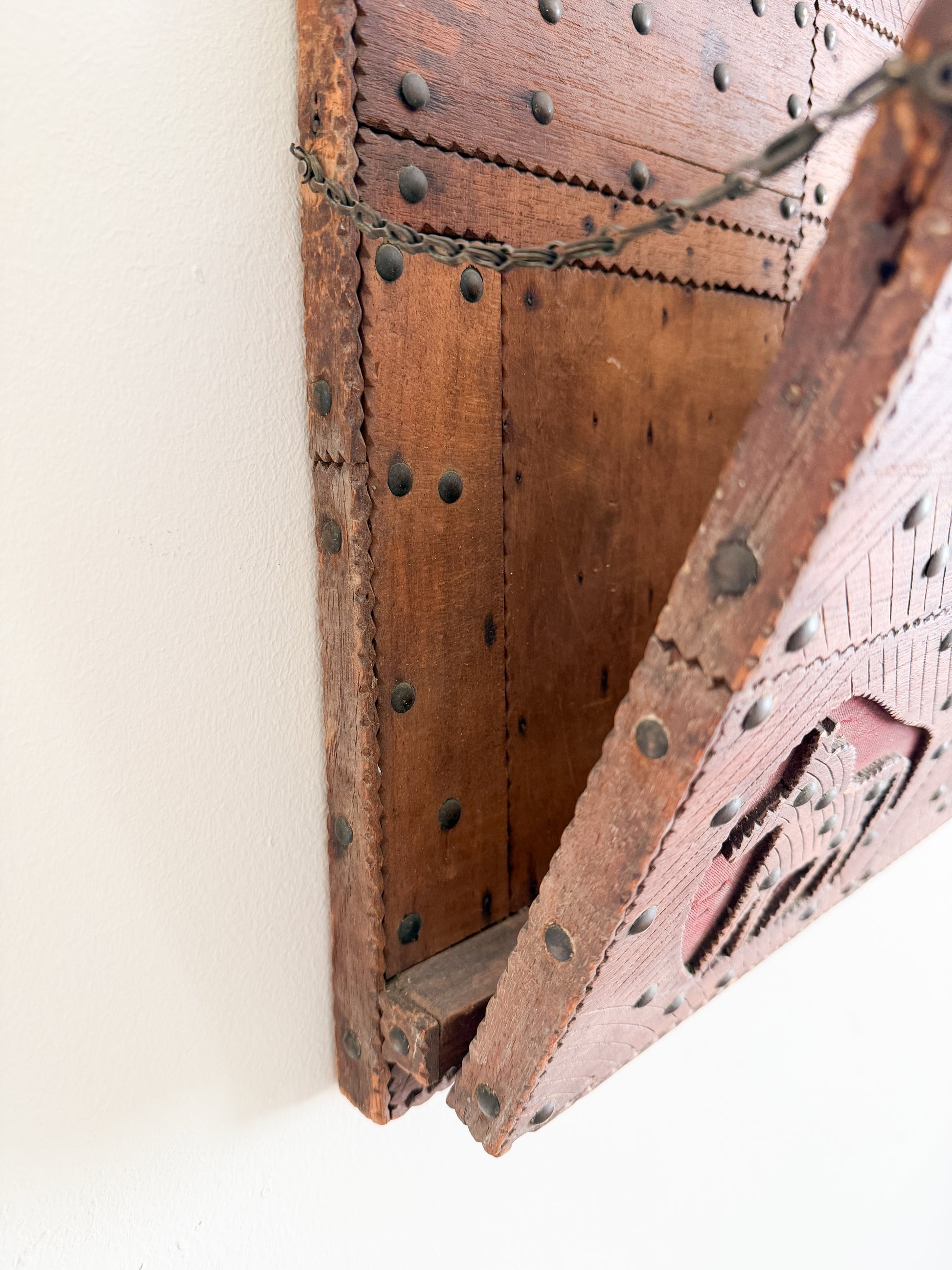 Vintage Folk Art Carved Wood Magazine Rack with Horses