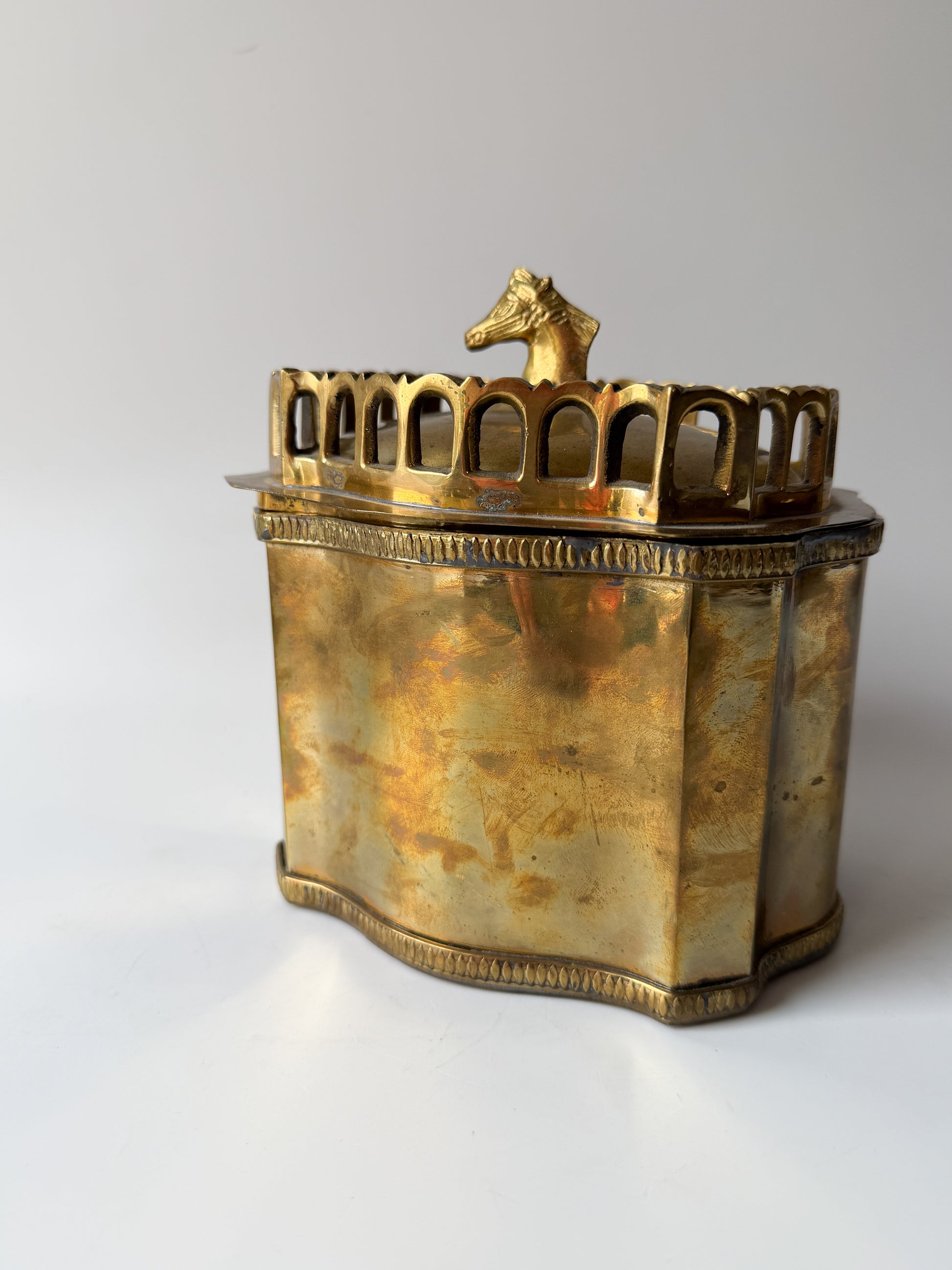 Vintage Brass Horse Biscuit Tin