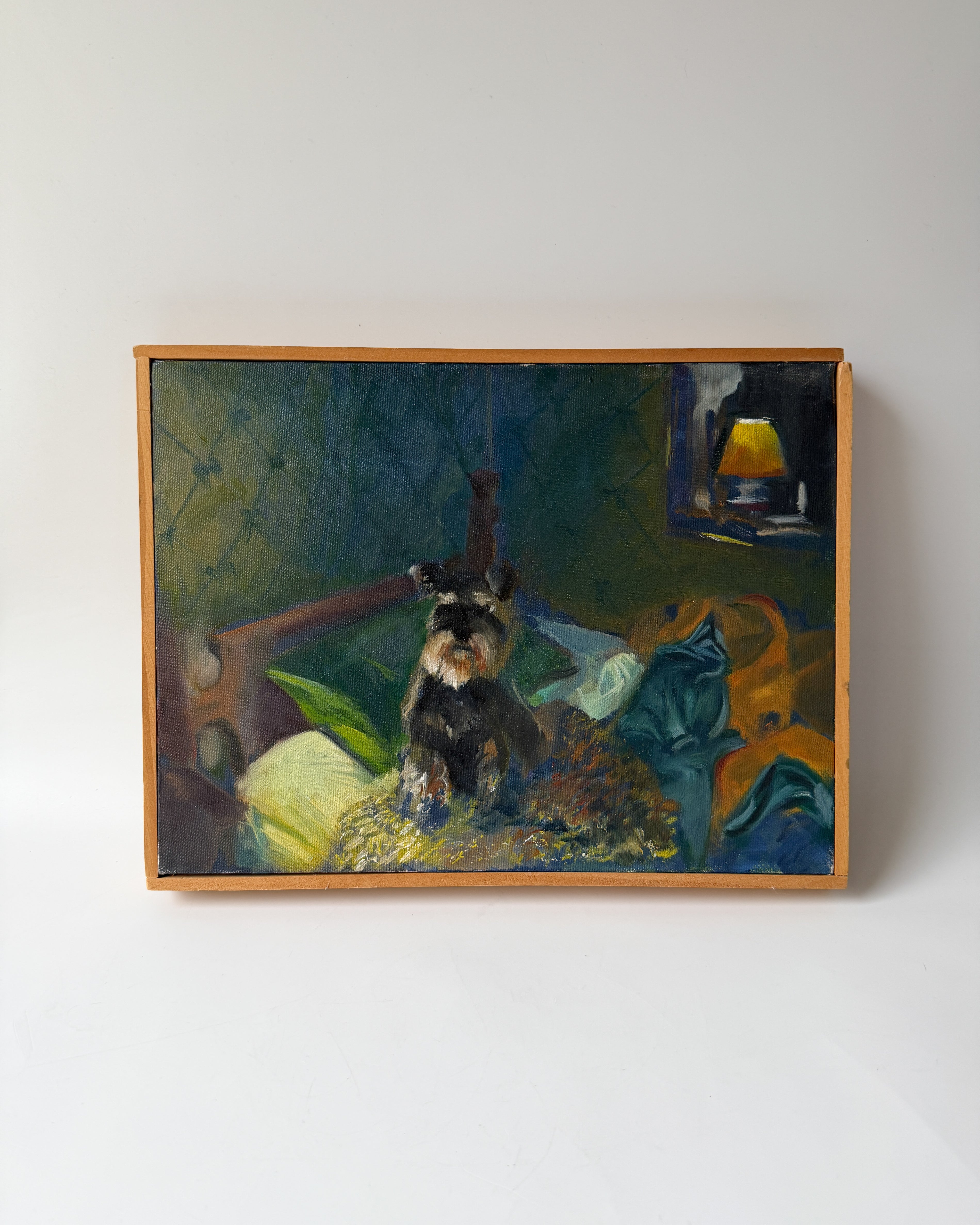 Vintage Oil Painting Schnauzer on Bed