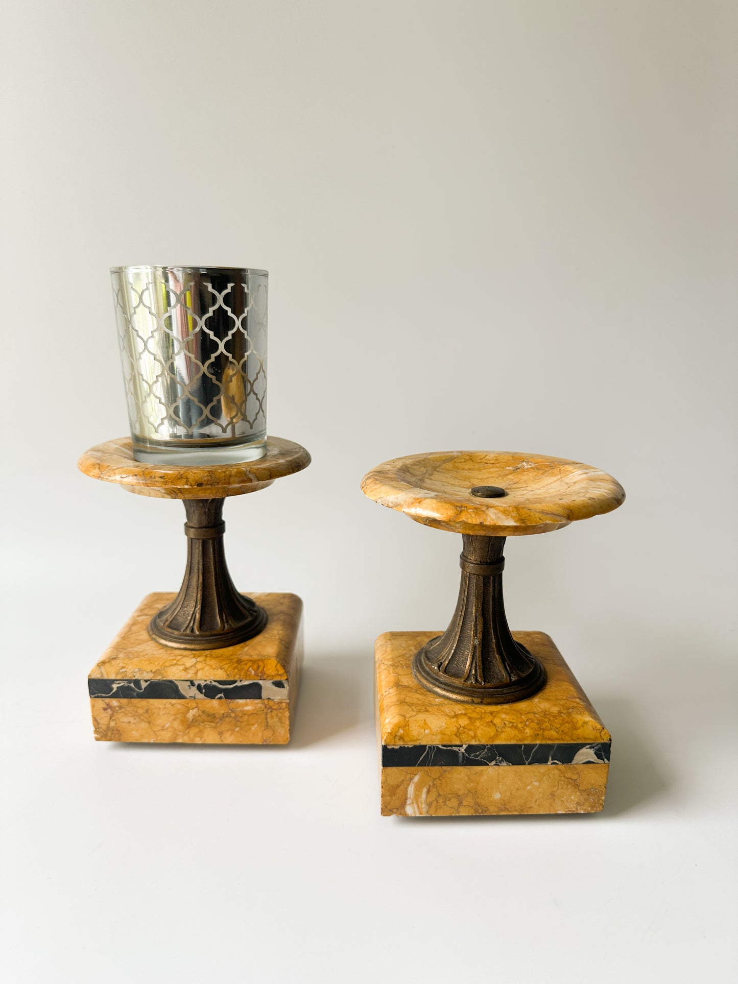 French Art Deco Mantle Clock Yellow and Black Marble Candle Holders (Pair)