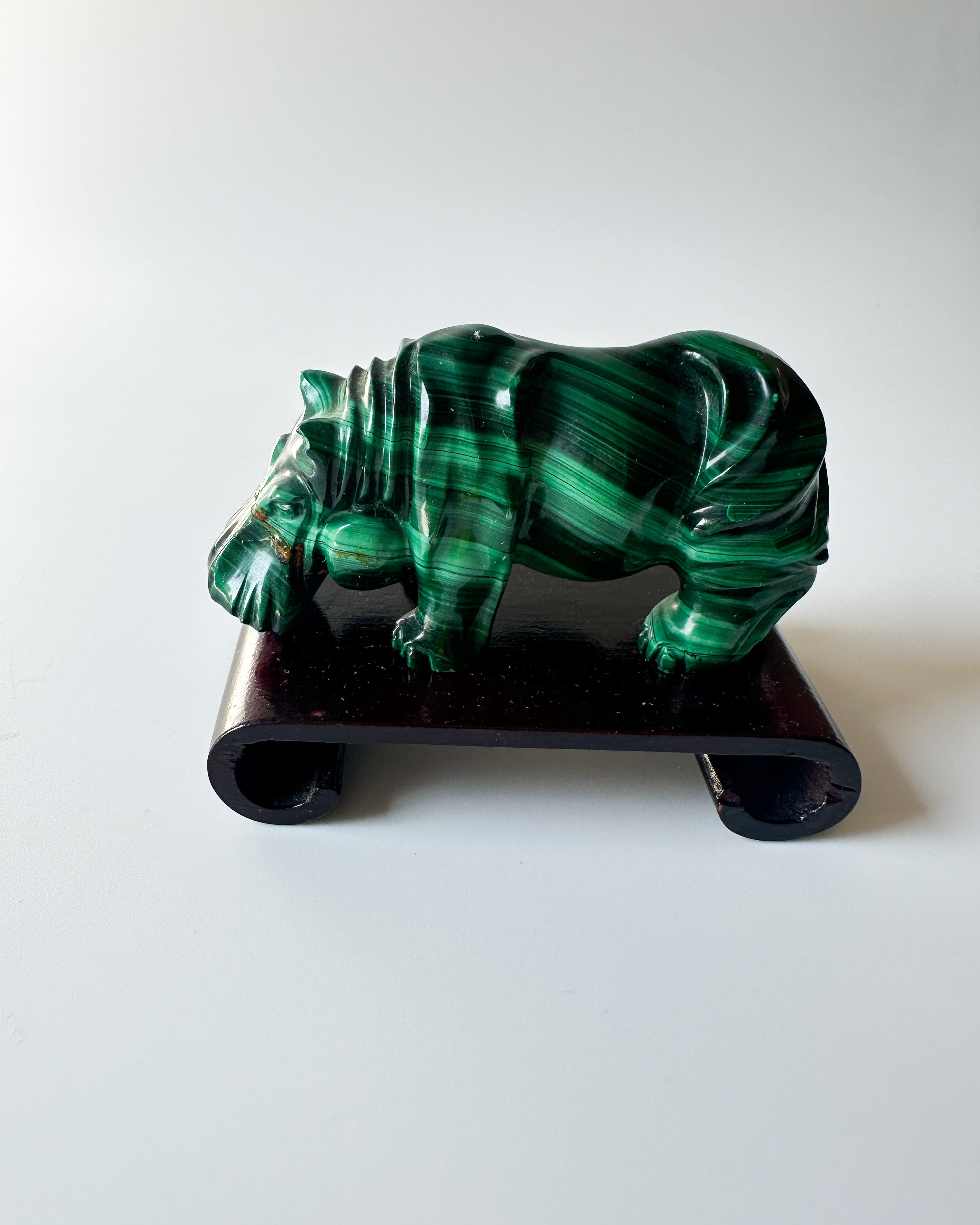 Genuine Malachite [repaired] Hippopotamus with Wood Stand (2.75"L x 2.875"W x 1"H)