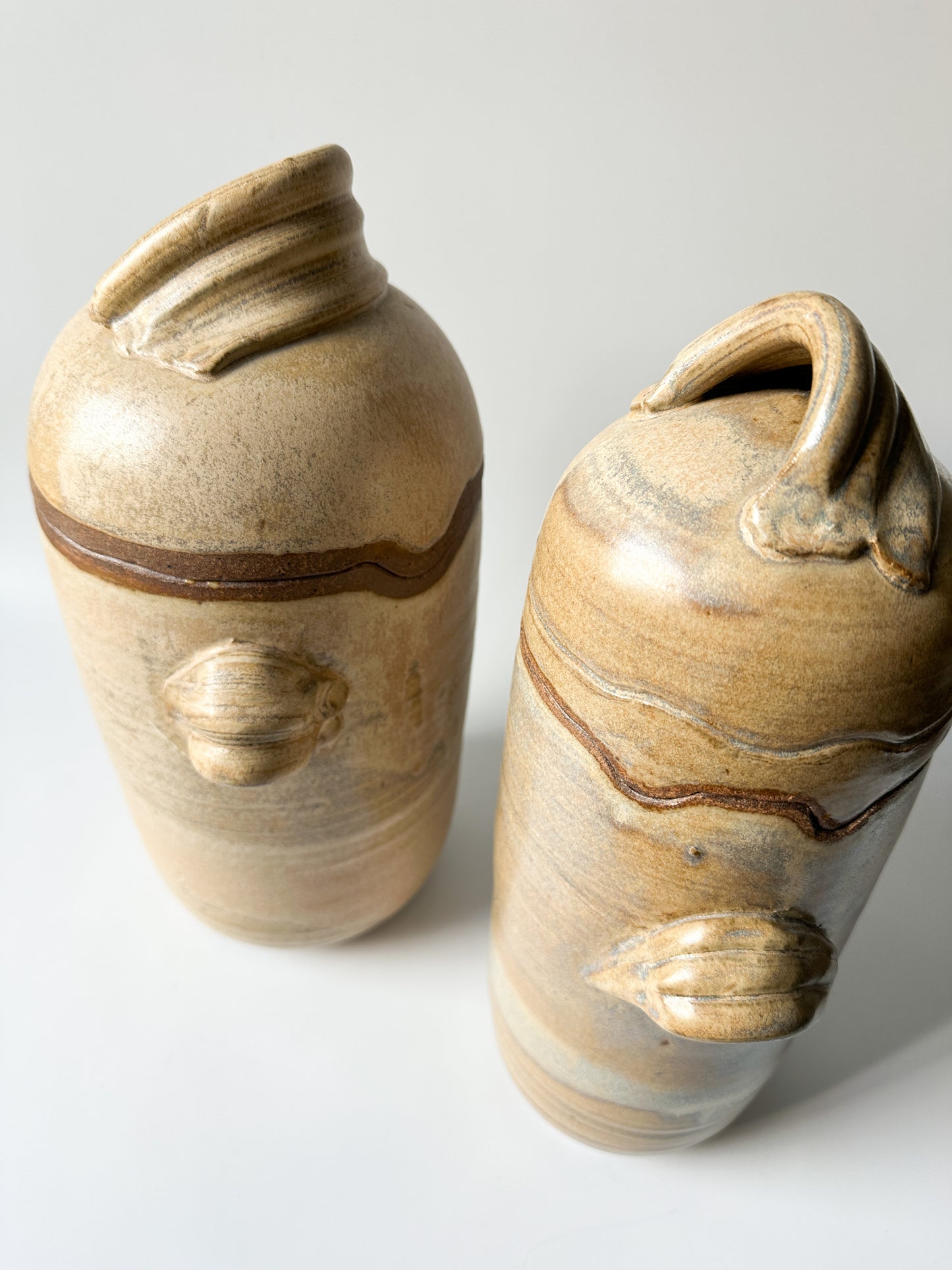 Vintage Set of Two Tall Handmade Stoneware Containers - Signed