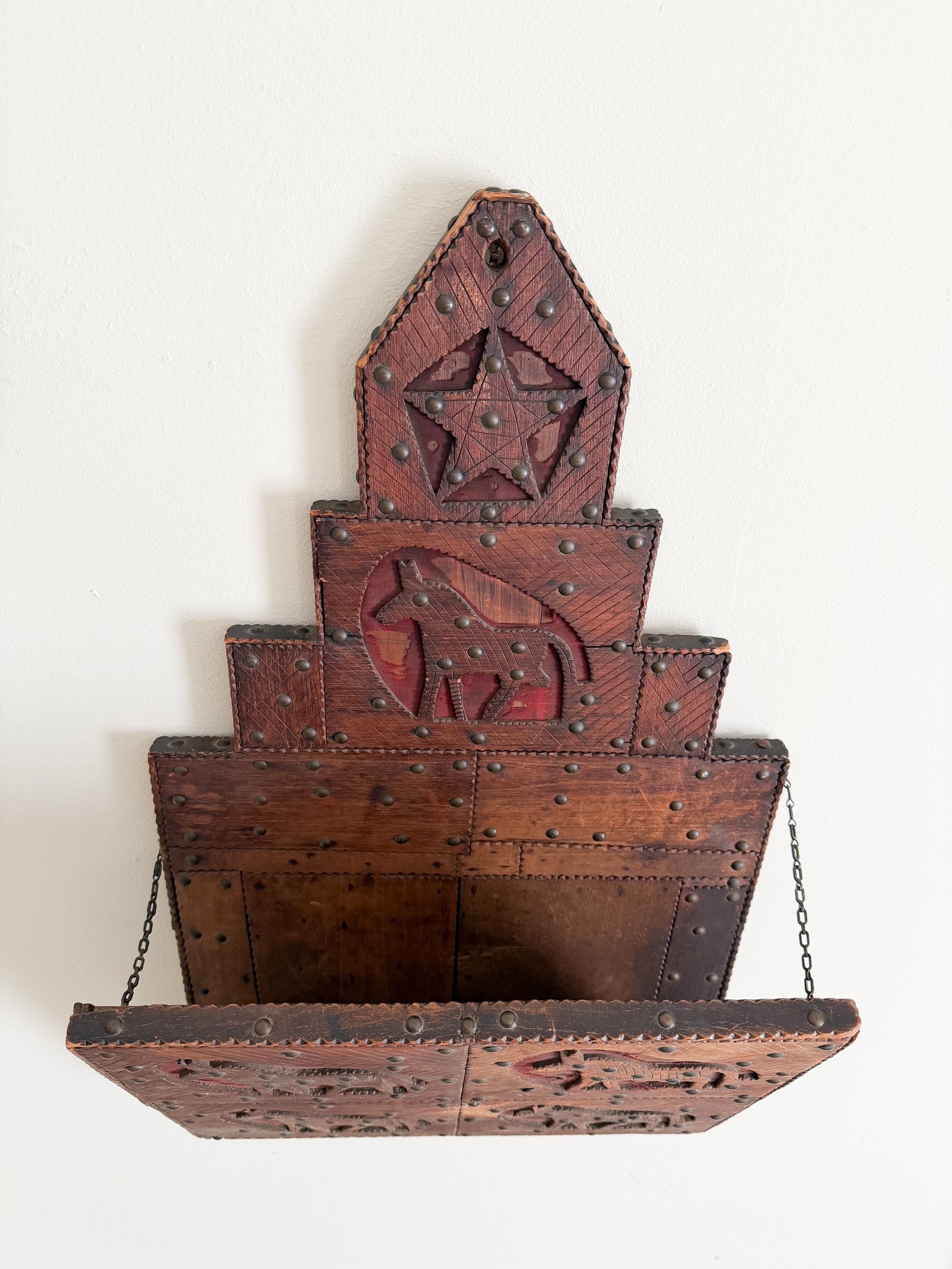 Vintage Folk Art Carved Wood Magazine Rack with Horses