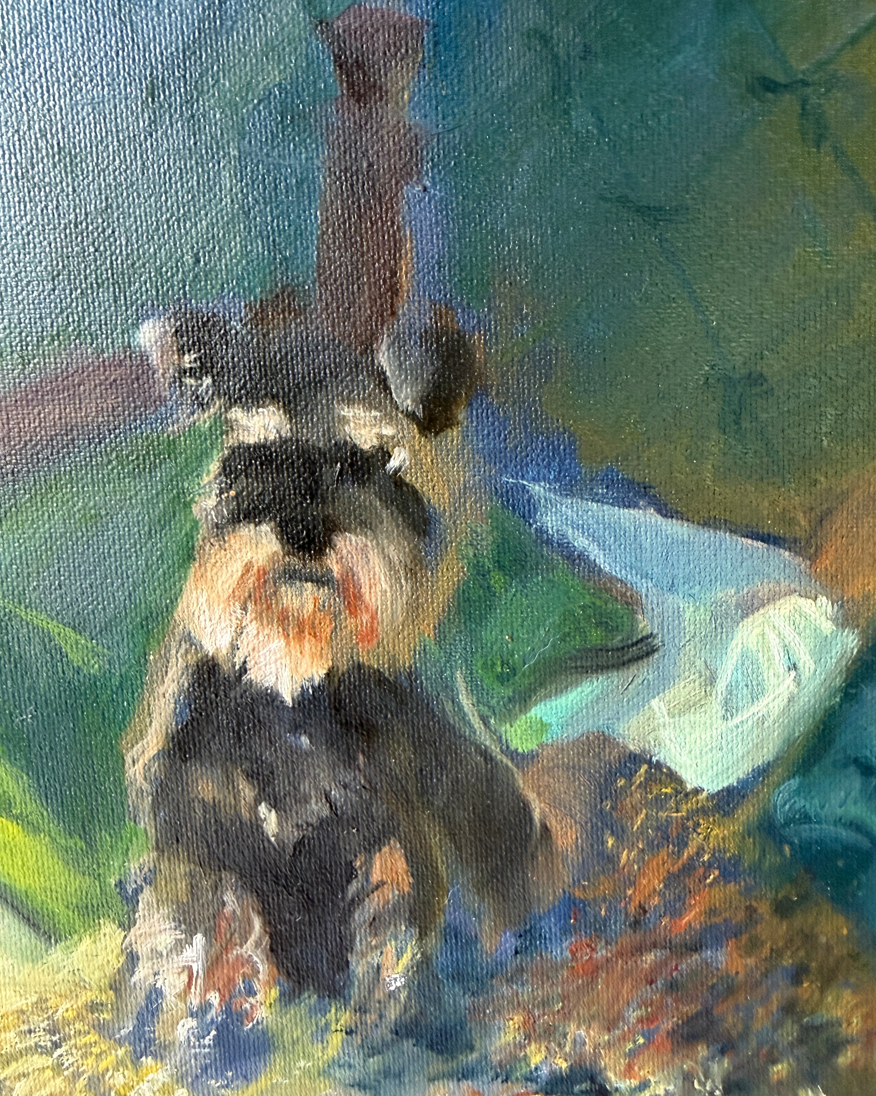 Vintage Oil Painting Schnauzer on Bed