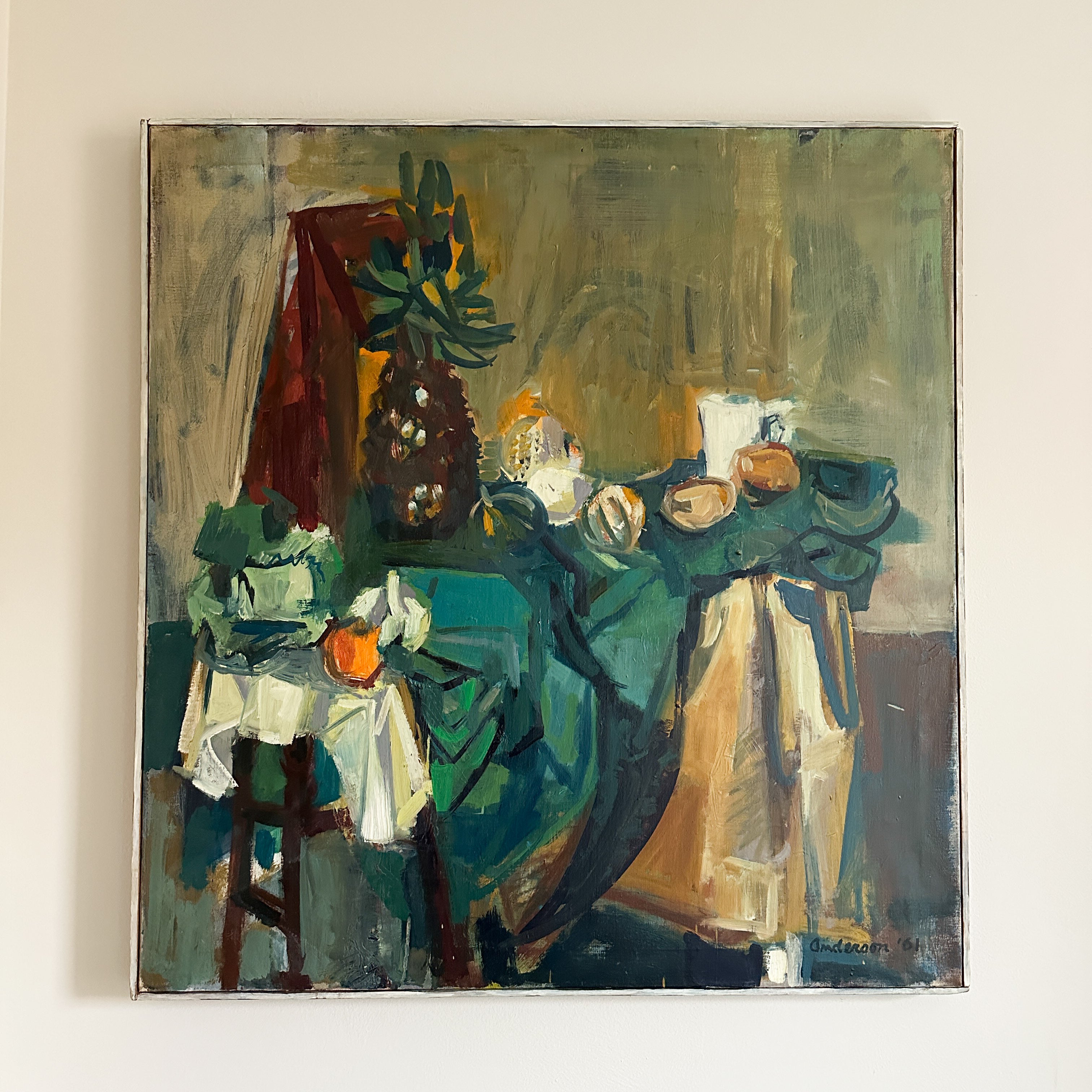 Large Vintage Fruit Still Life Oil Painting on Canvas, Signed Anderson ‘61