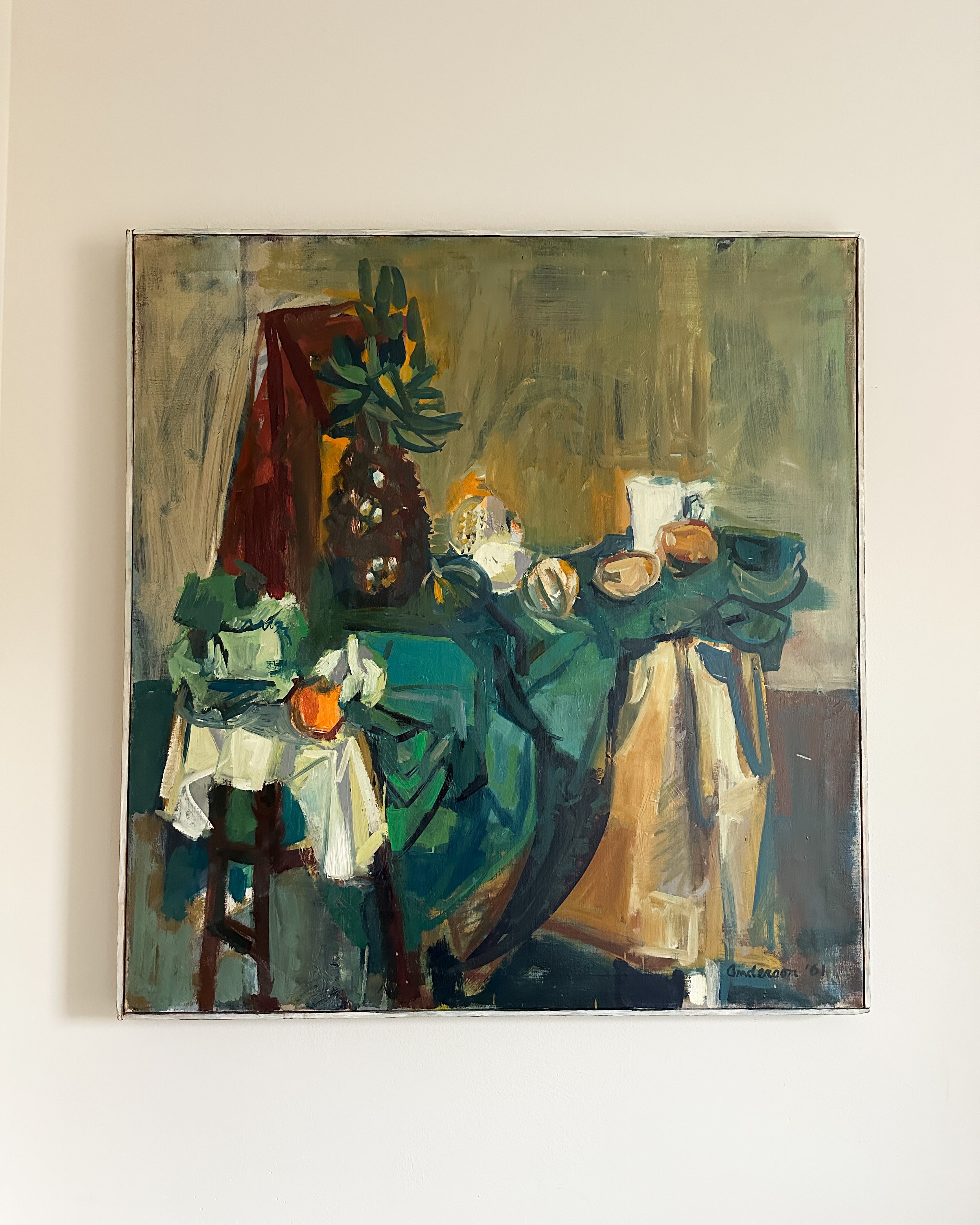 Large Vintage Fruit Still Life Oil Painting on Canvas, Signed Anderson ‘61