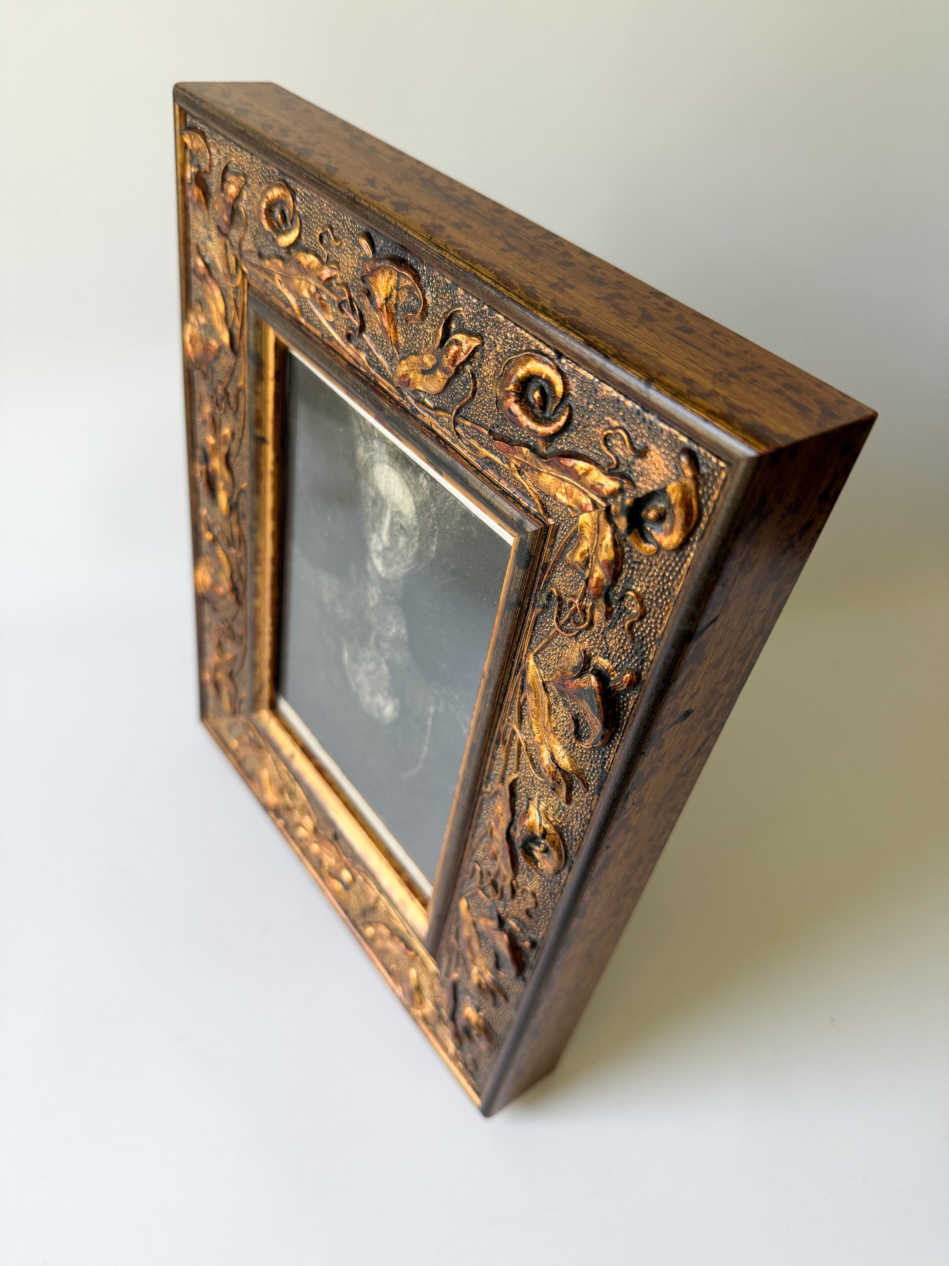 Framed Vintage Etching of Woman with Large Medallion
