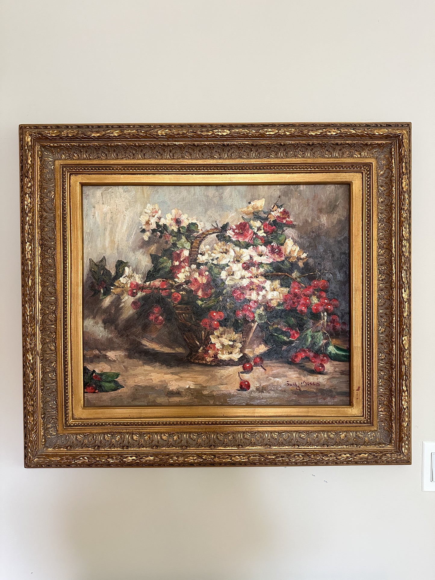Oil Painting Still Life Basket of Flowers and Berries by Sully Bisso