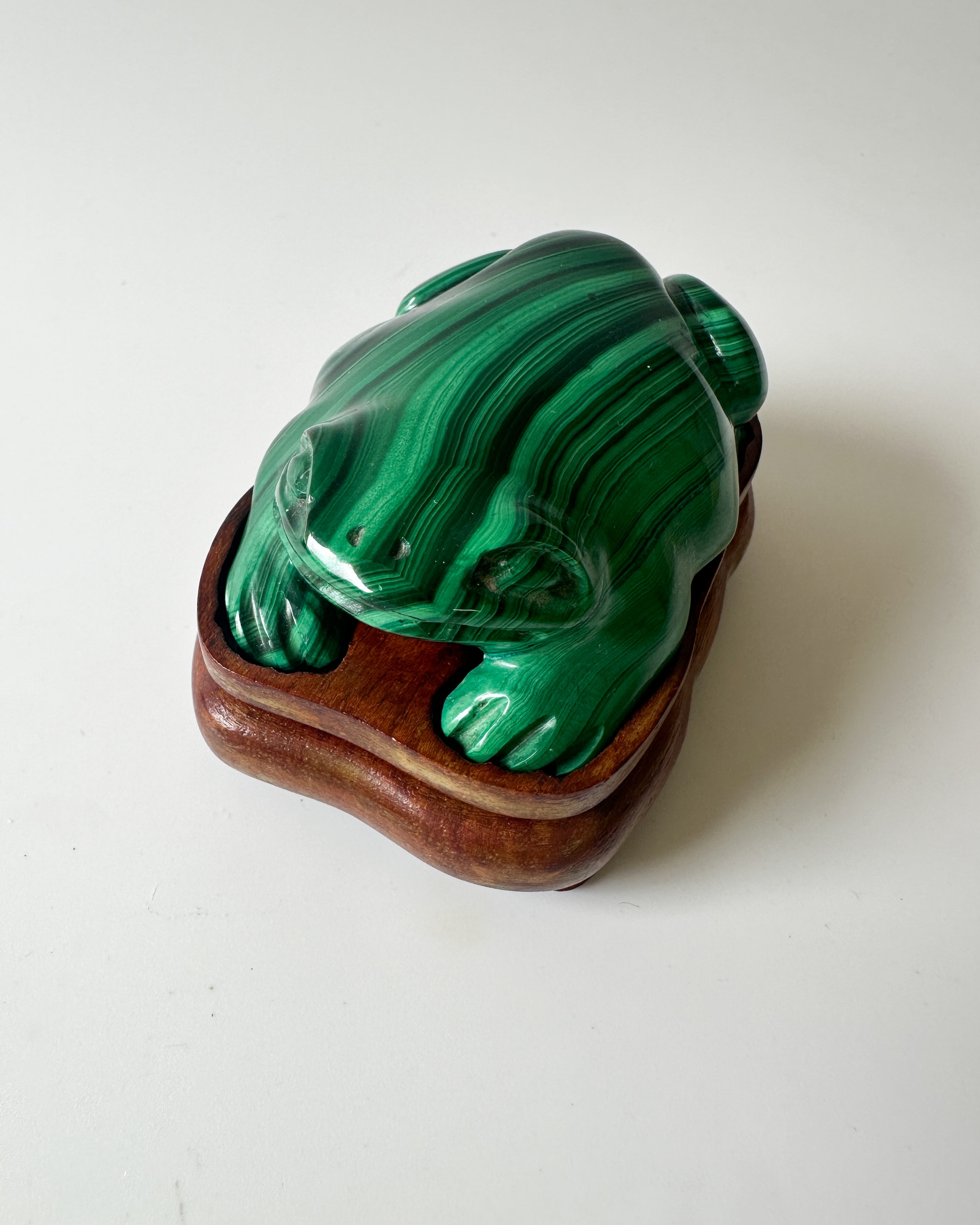 Polished Genuine Malachite Frog with Wood Stand (2.75"L x 2"W x 1"H)