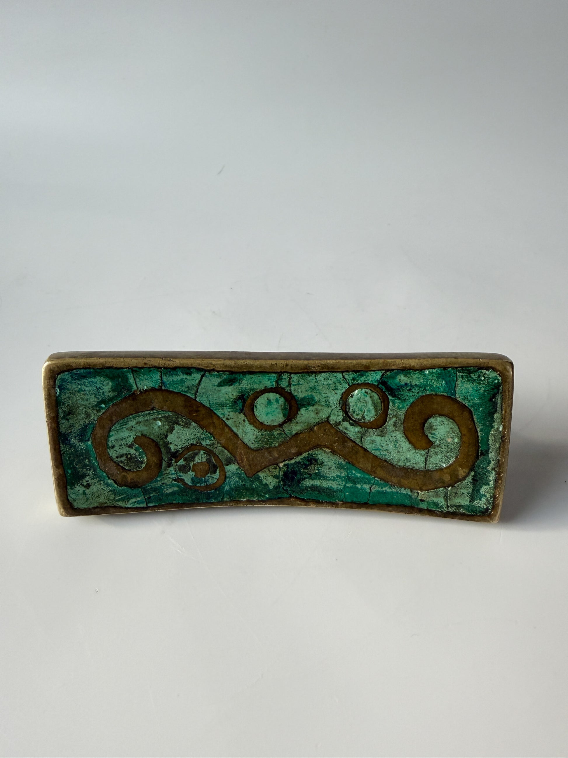 Set of Four Vintage MCM Pepe Mendoza Solid Brass and Ceramic Inlay Drawer Pulls