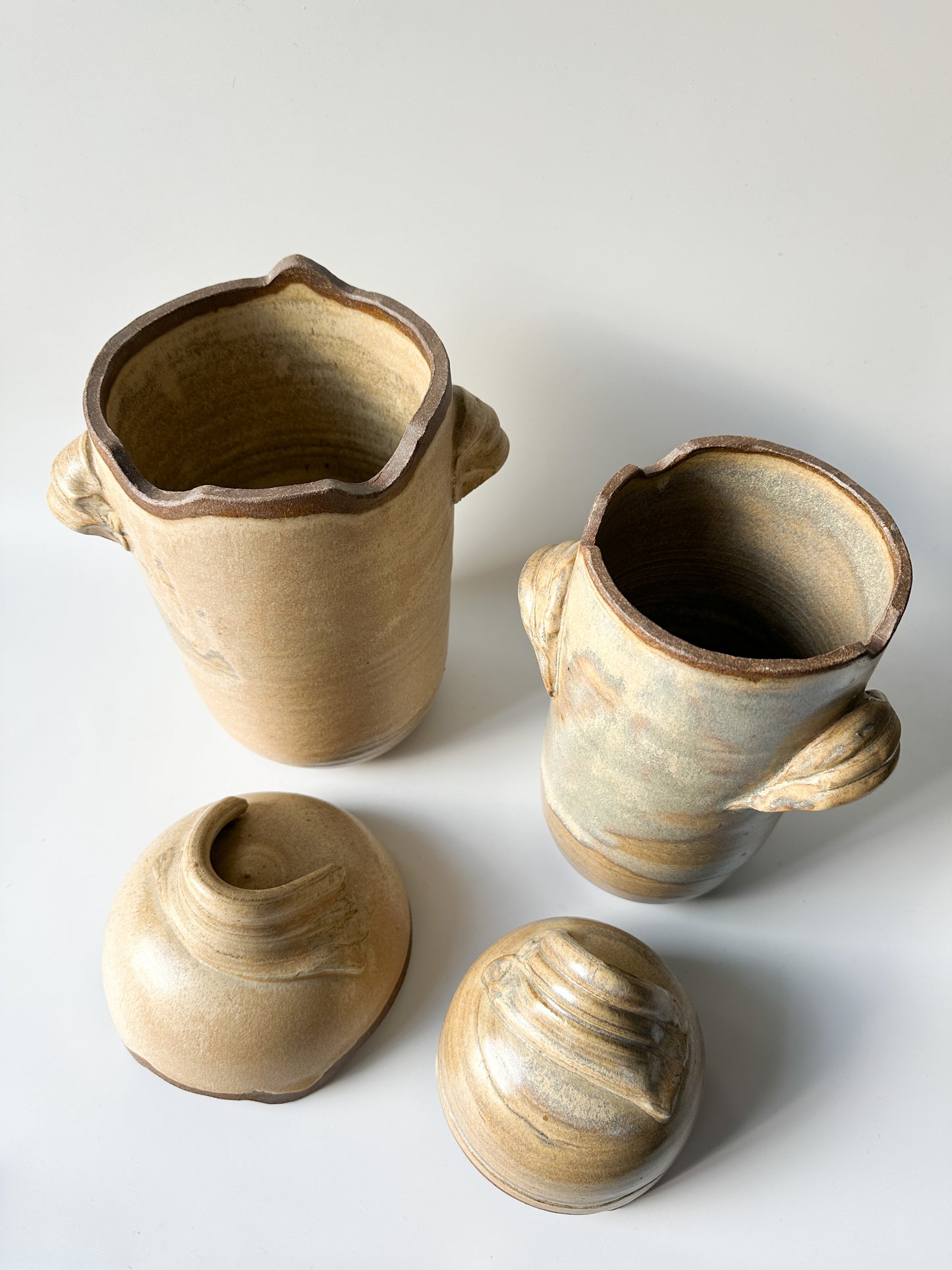 Vintage Set of Two Tall Handmade Stoneware Containers - Signed