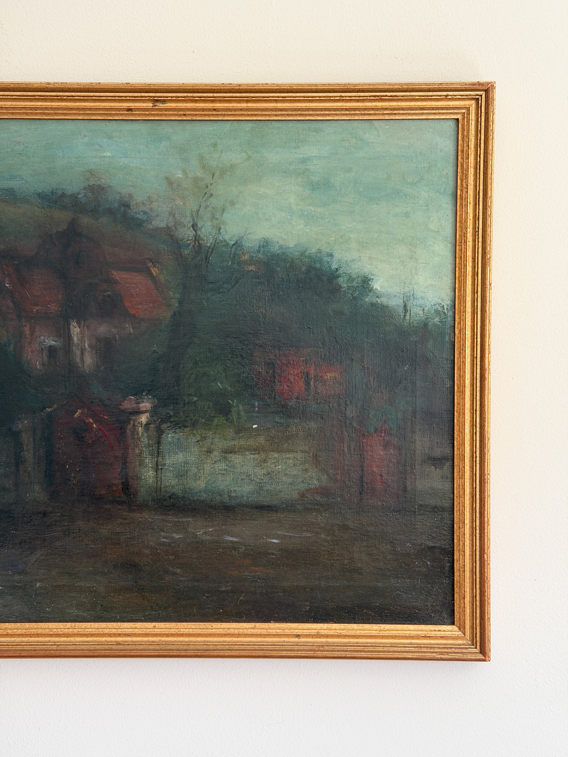 Oil Painting - Louis Mazet (French 20th Century), Houses Along a Road, 26"W x 20"H