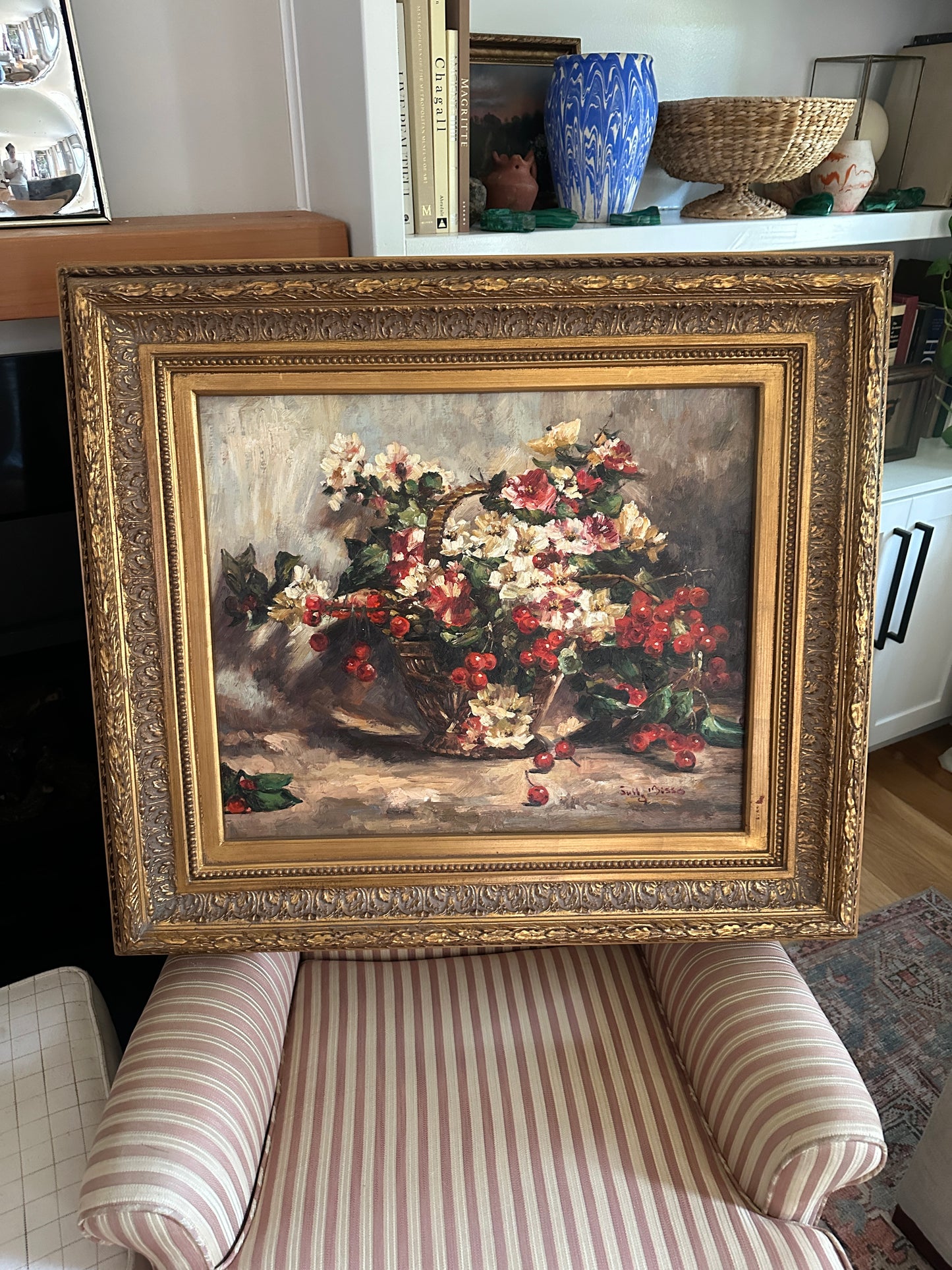 Oil Painting Still Life Basket of Flowers and Berries by Sully Bisso