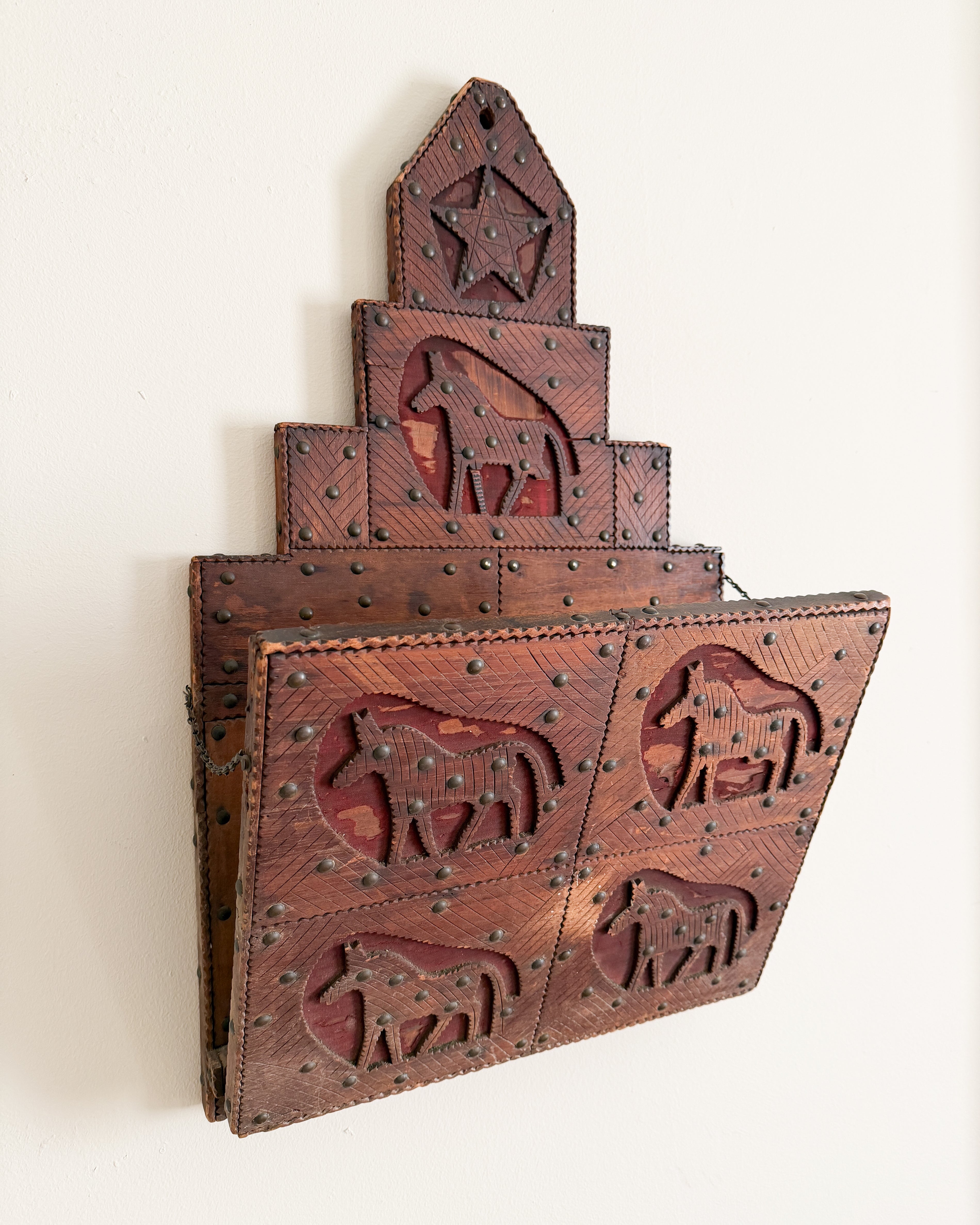 Vintage Folk Art Carved Wood Magazine Rack with Horses