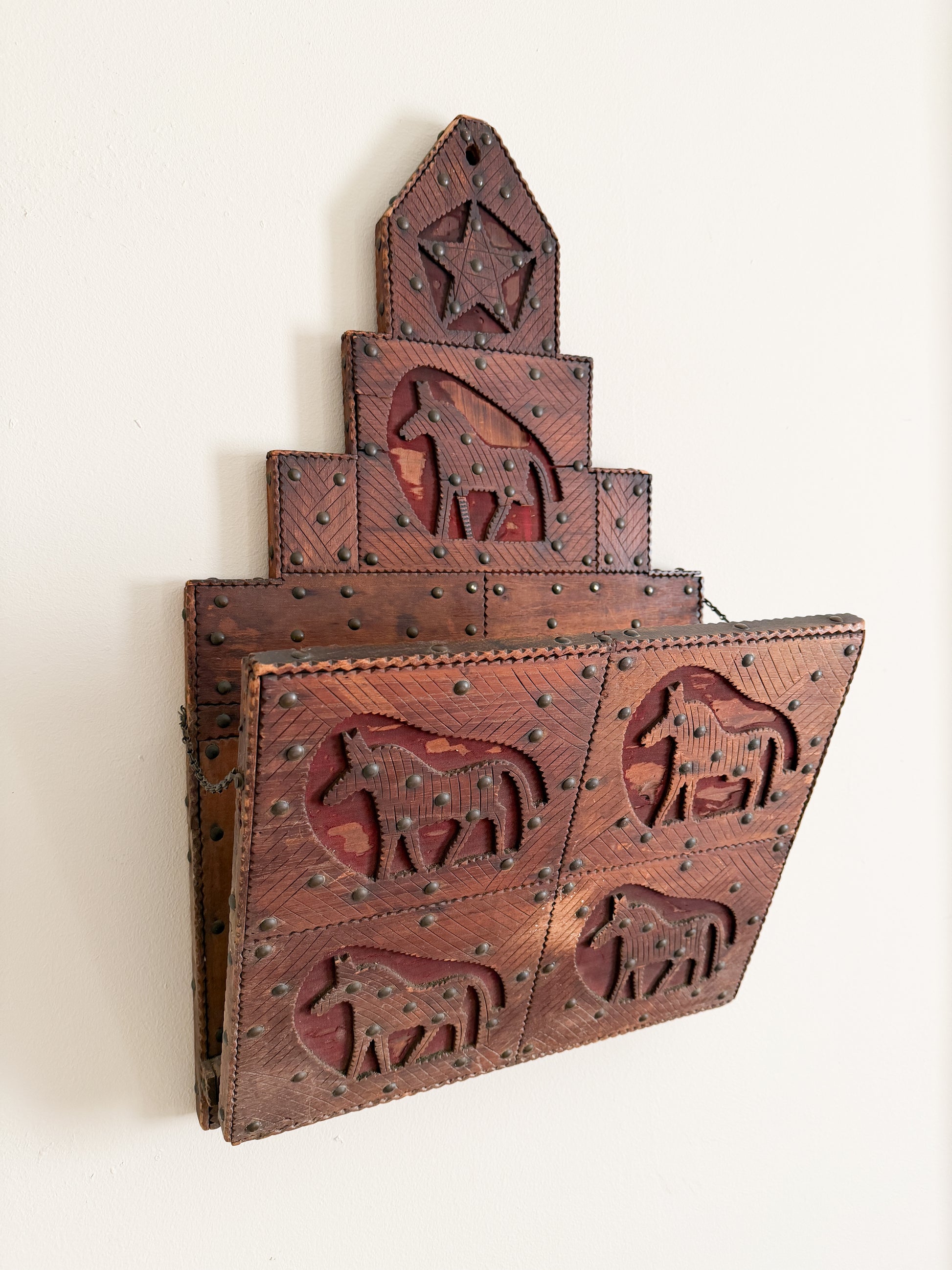 Vintage Folk Art Carved Wood Magazine Rack with Horses