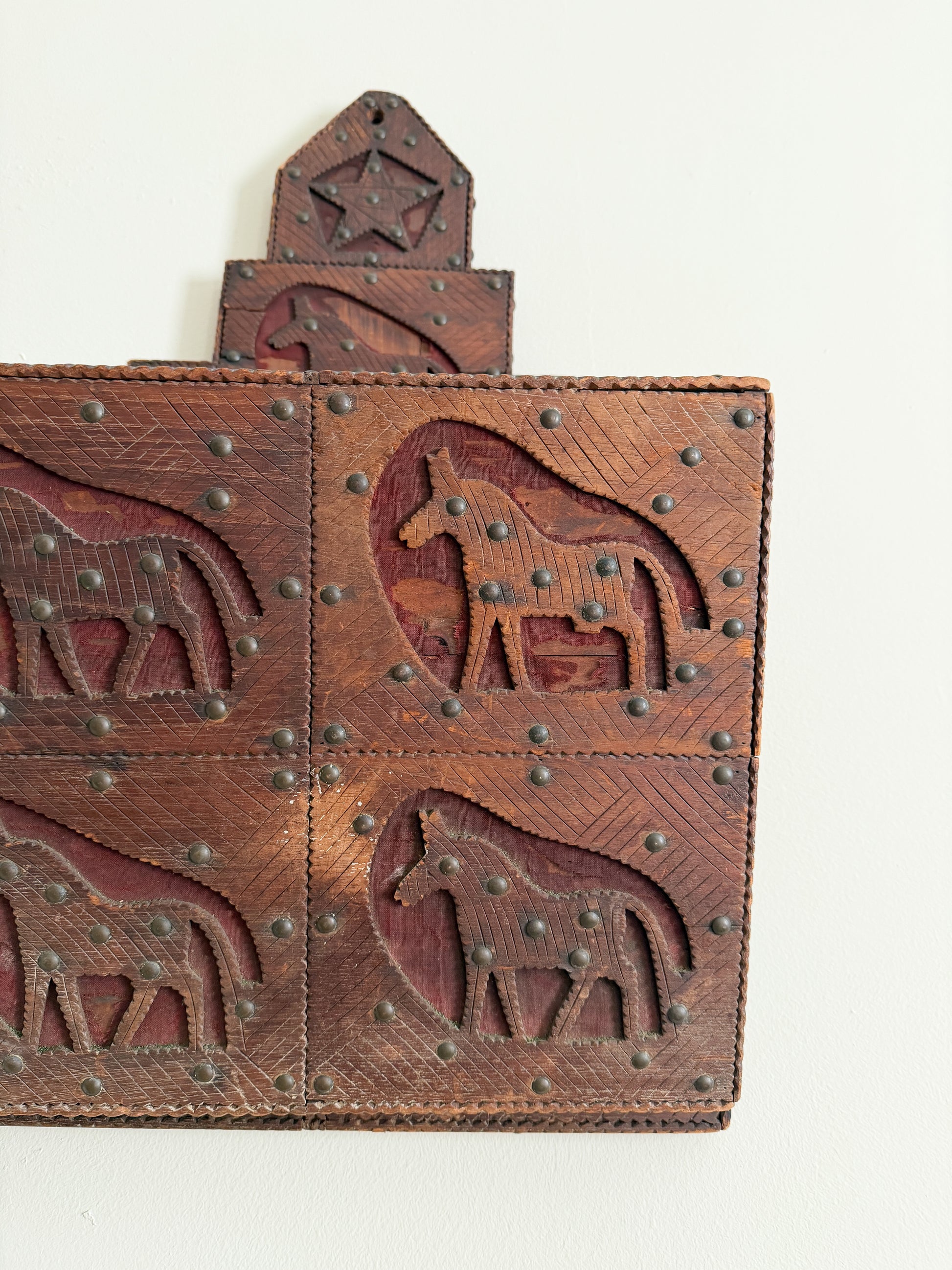 Vintage Folk Art Carved Wood Magazine Rack with Horses